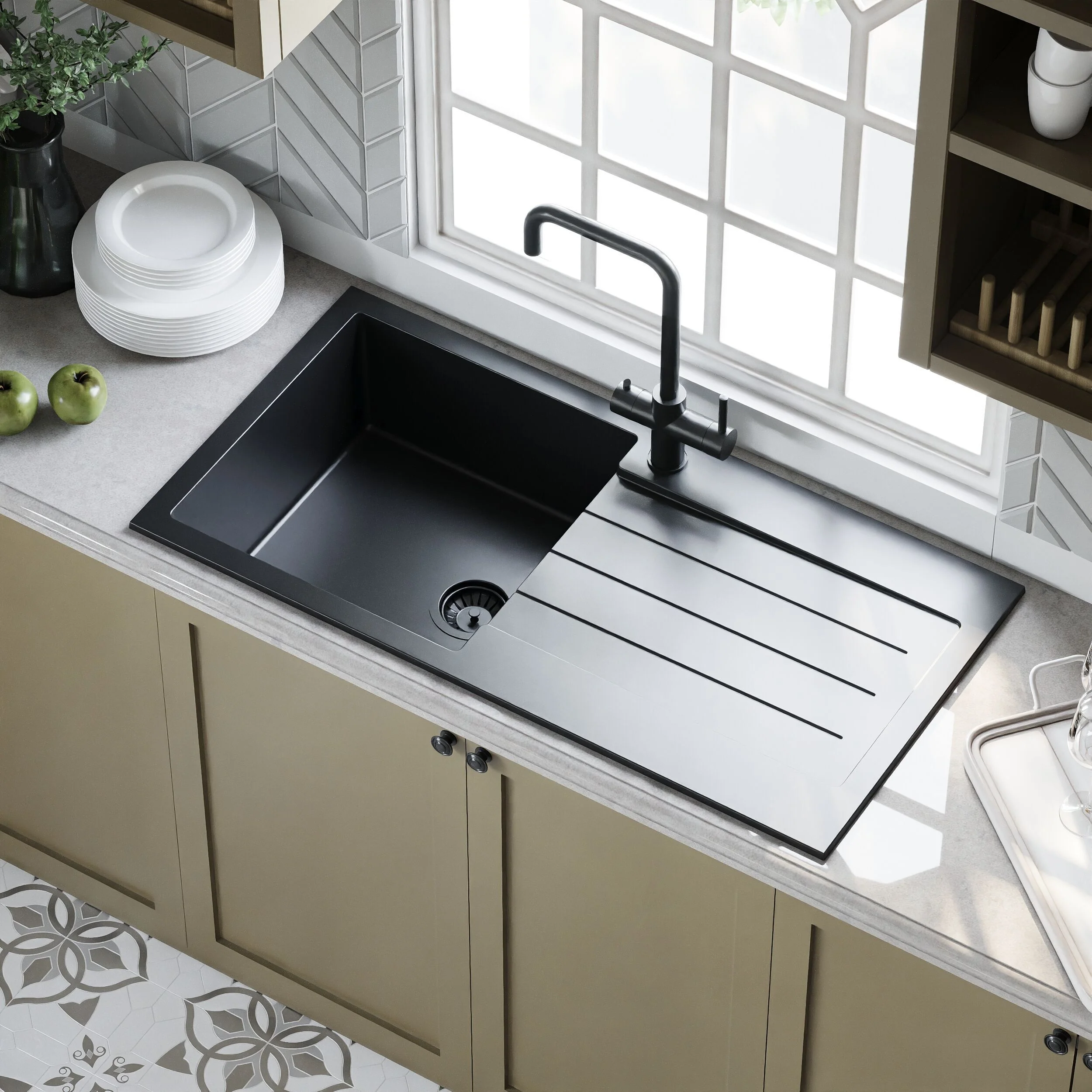 100cm Composite Inset Kitchen Sink with Overflow & Drainer - Available in Multiple Colours - Image 11