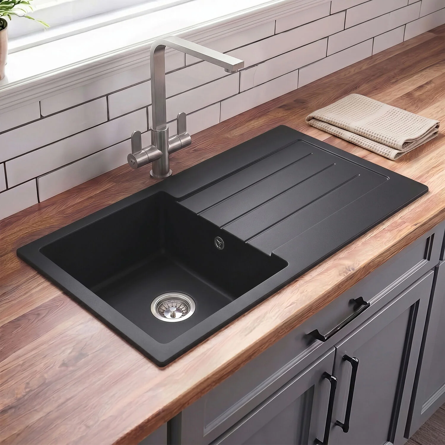 100cm Composite Inset Kitchen Sink with Overflow & Drainer - Available in Multiple Colours - Image 3