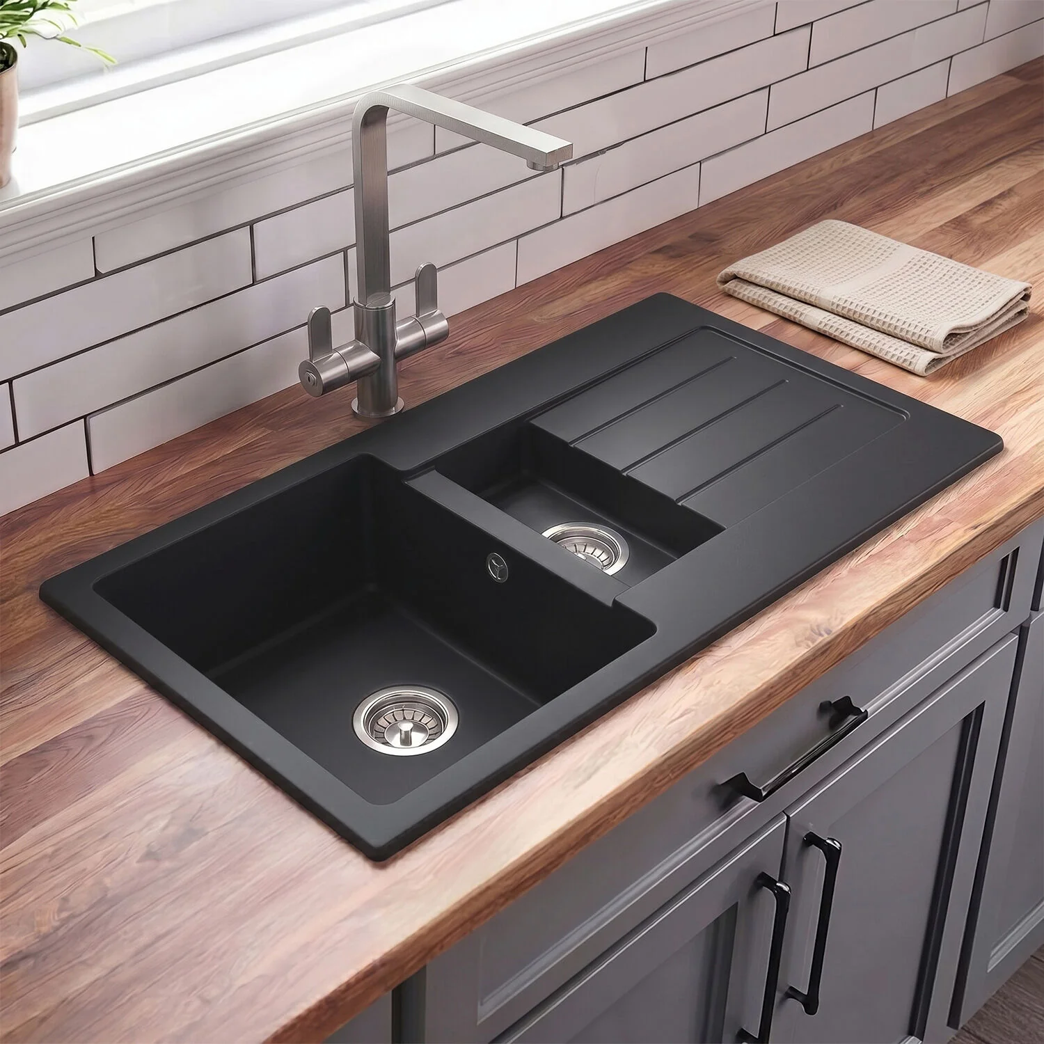 100cm Composite Inset Kitchen Sink with Overflow & Drainer - Available in Multiple Colours - Image 4