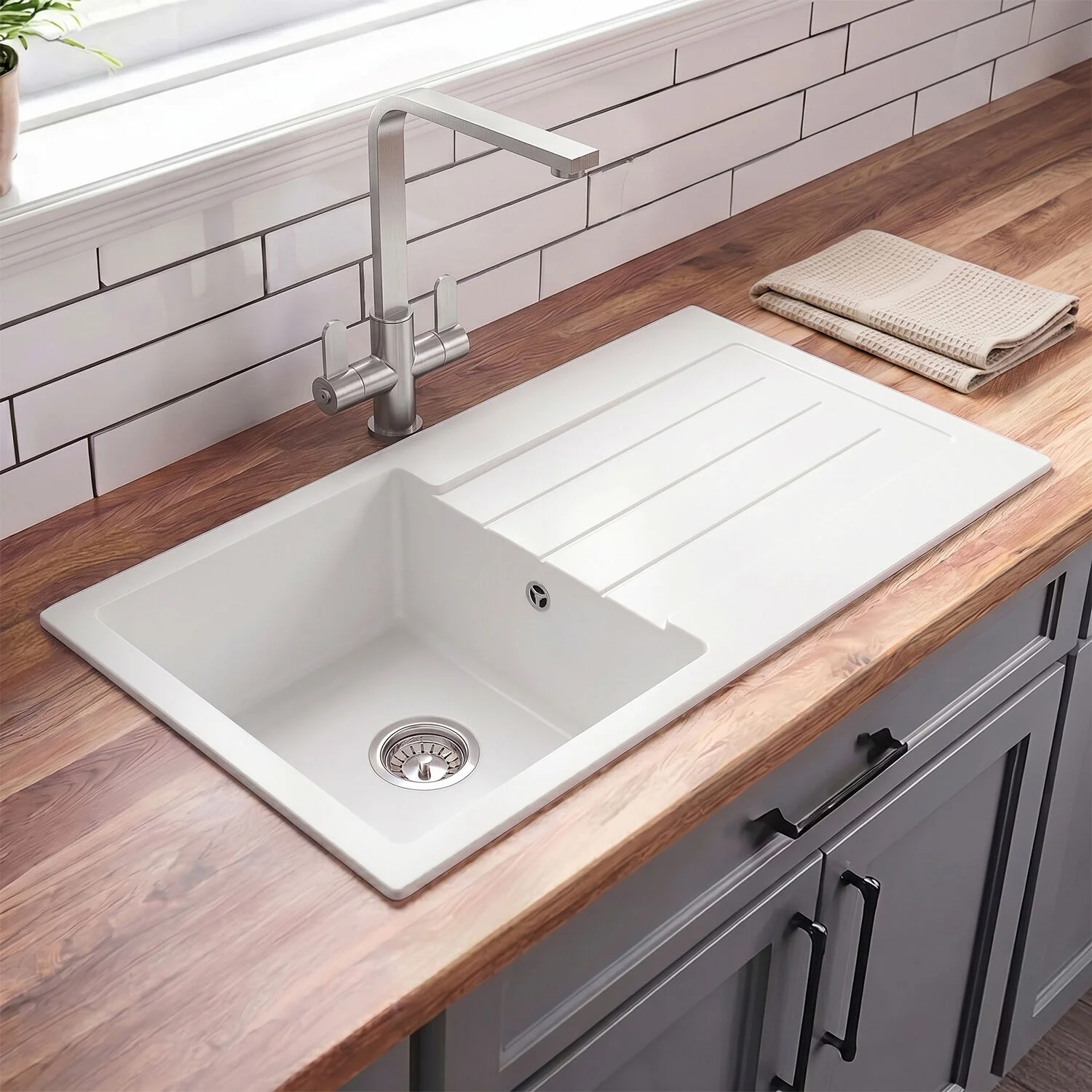 100cm Composite Inset Kitchen Sink with Overflow & Drainer - Available in Multiple Colours - Image 5
