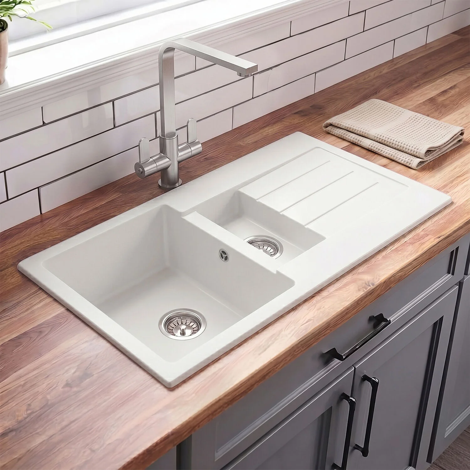 100cm Composite Inset Kitchen Sink with Overflow & Drainer - Available in Multiple Colours - Image 6