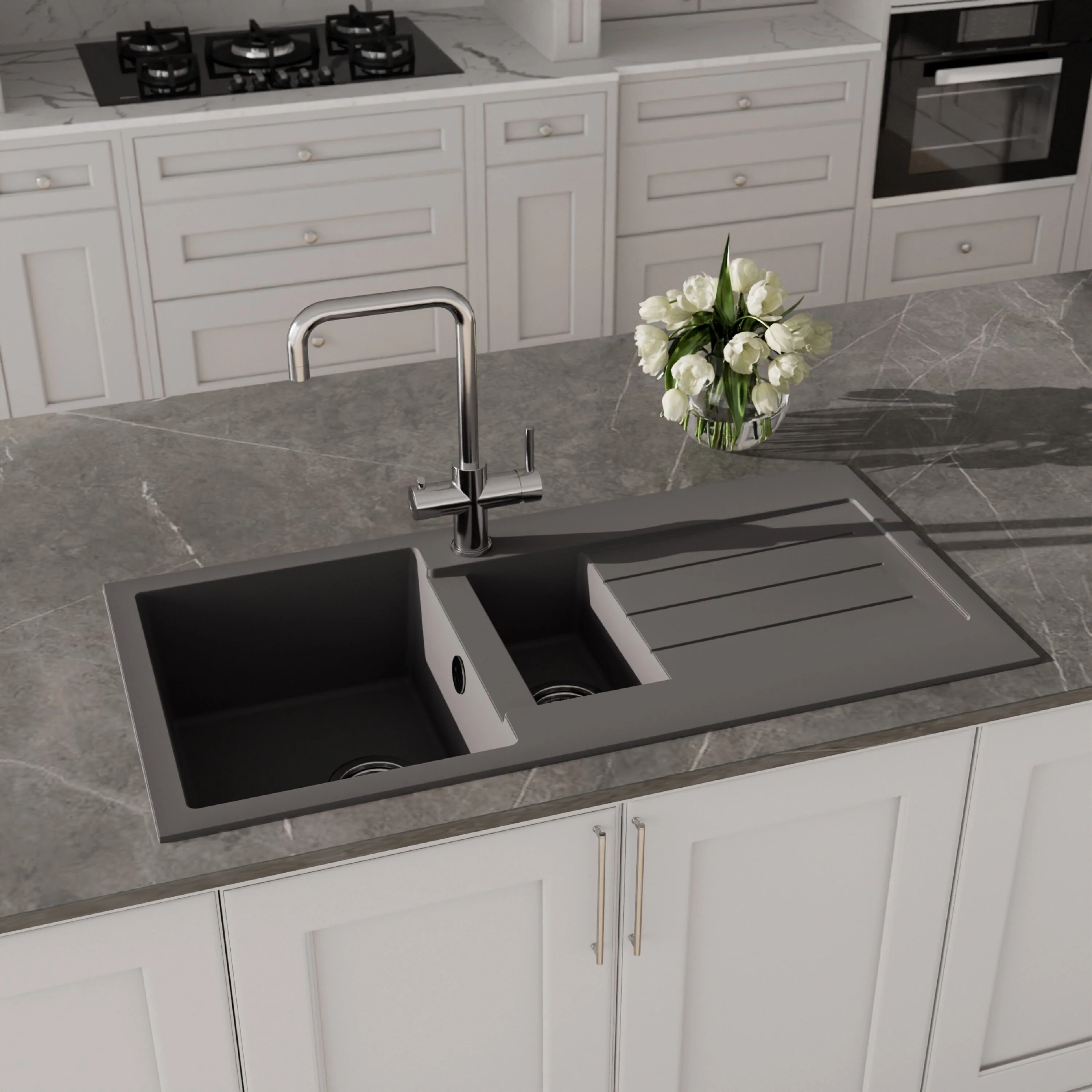 100cm Composite Inset Kitchen Sink with Overflow & Drainer - Available in Multiple Colours - Image 8