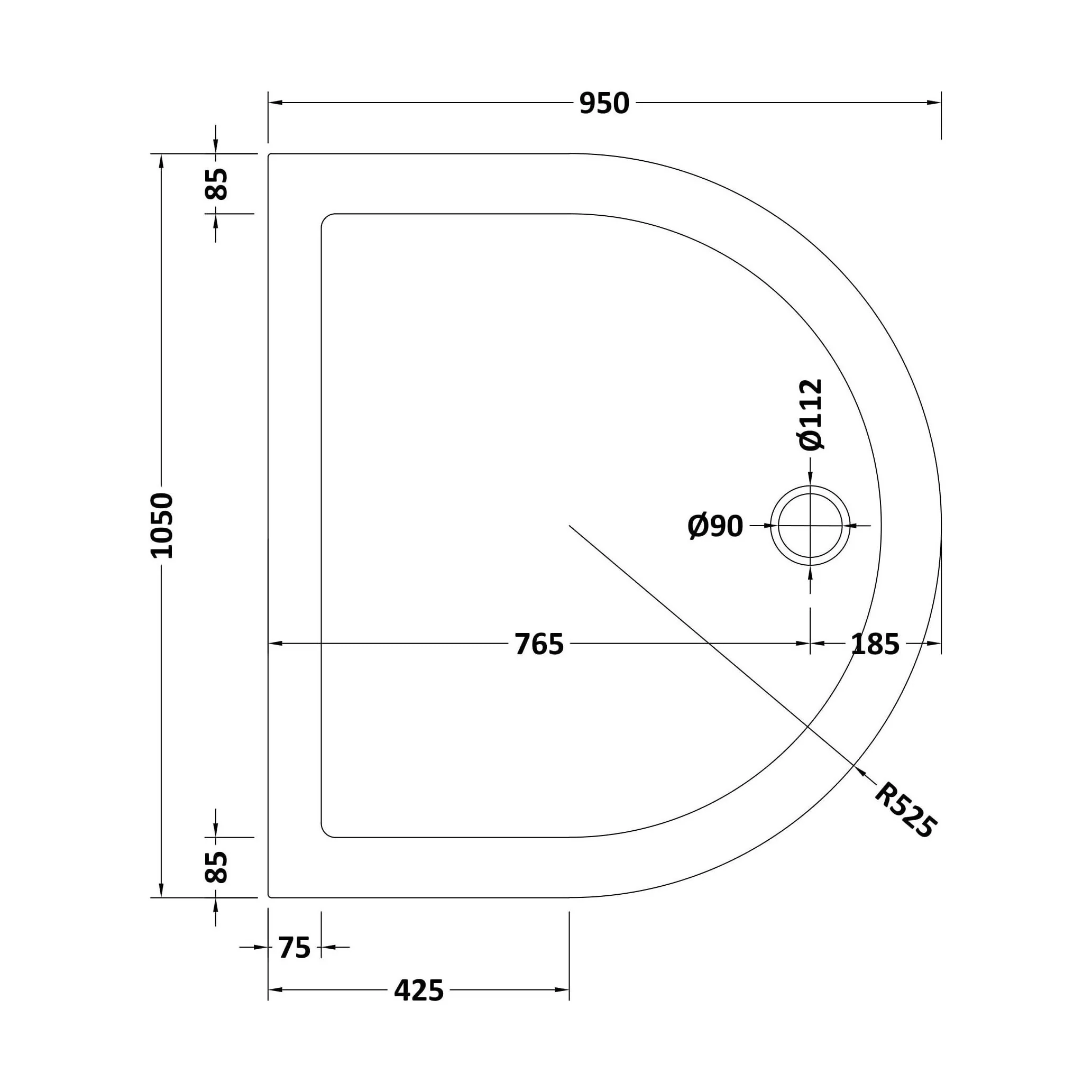 Balterley Shower Tray D Shape, 1050mm - Available in White and Slate Grey - Image 10