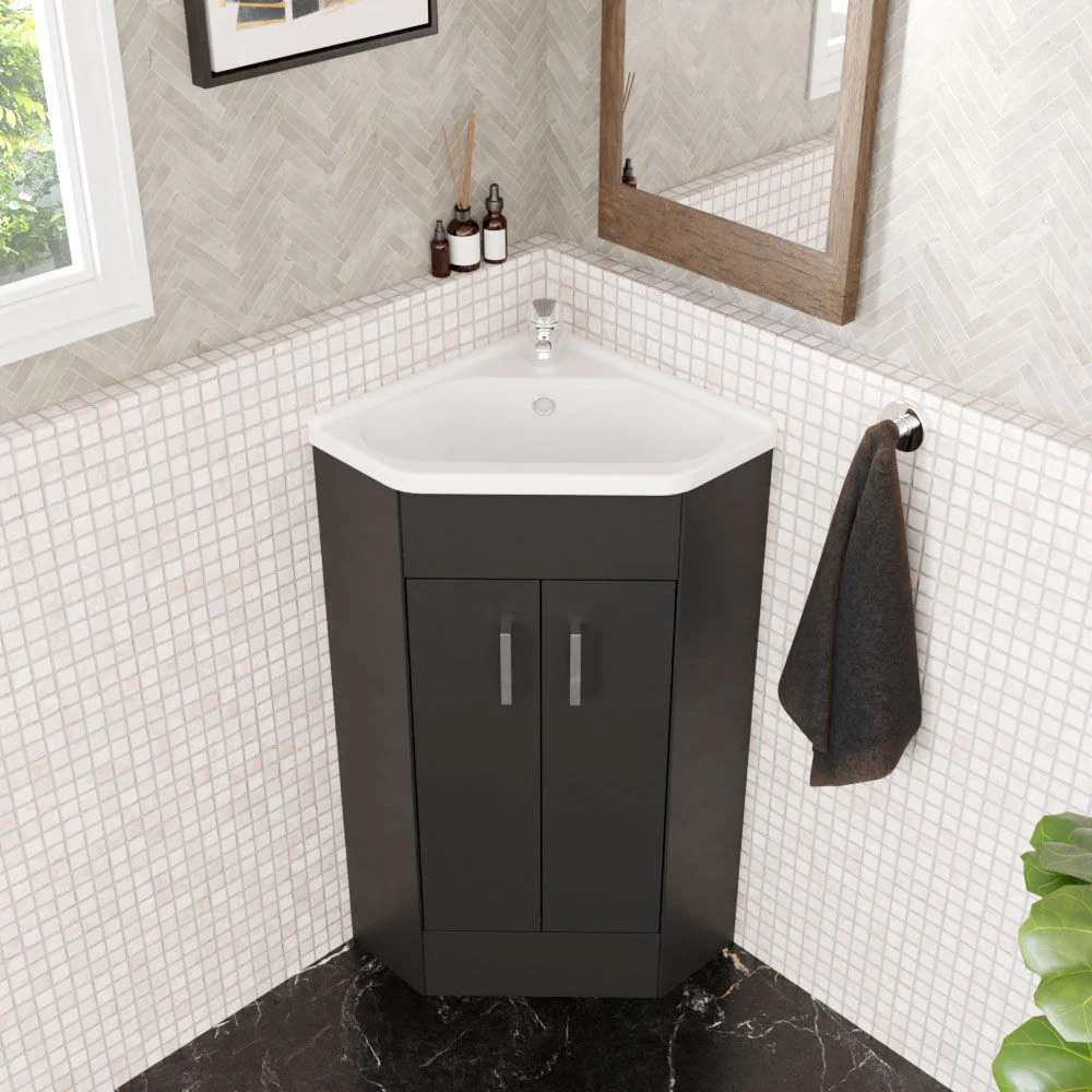 Hamstall Floor Standing 2 Door Bathroom Corner Vanity Basin Unit, 837 x 590 x 415mm, Dark Grey - Image 3