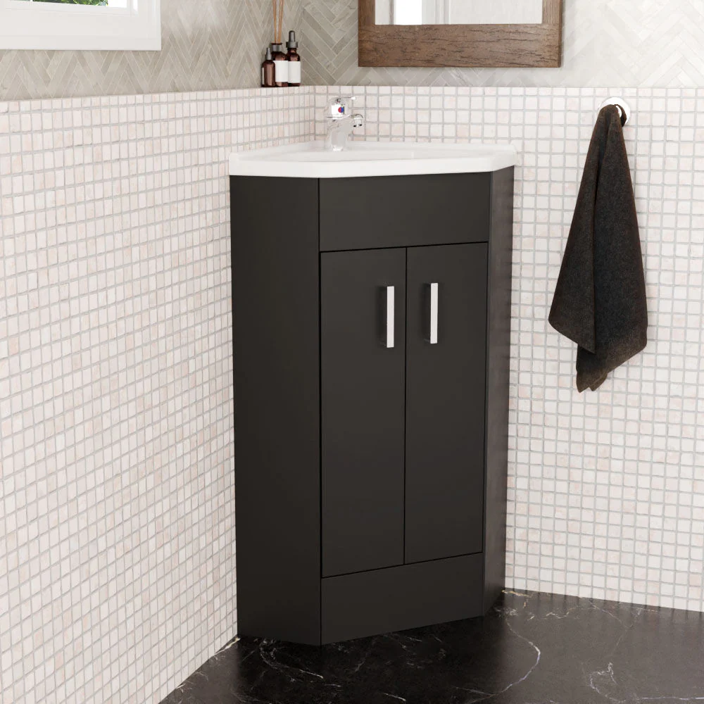 Hamstall Floor Standing 2 Door Bathroom Corner Vanity Basin Unit, 837 x 590 x 415mm, Dark Grey - Image 4