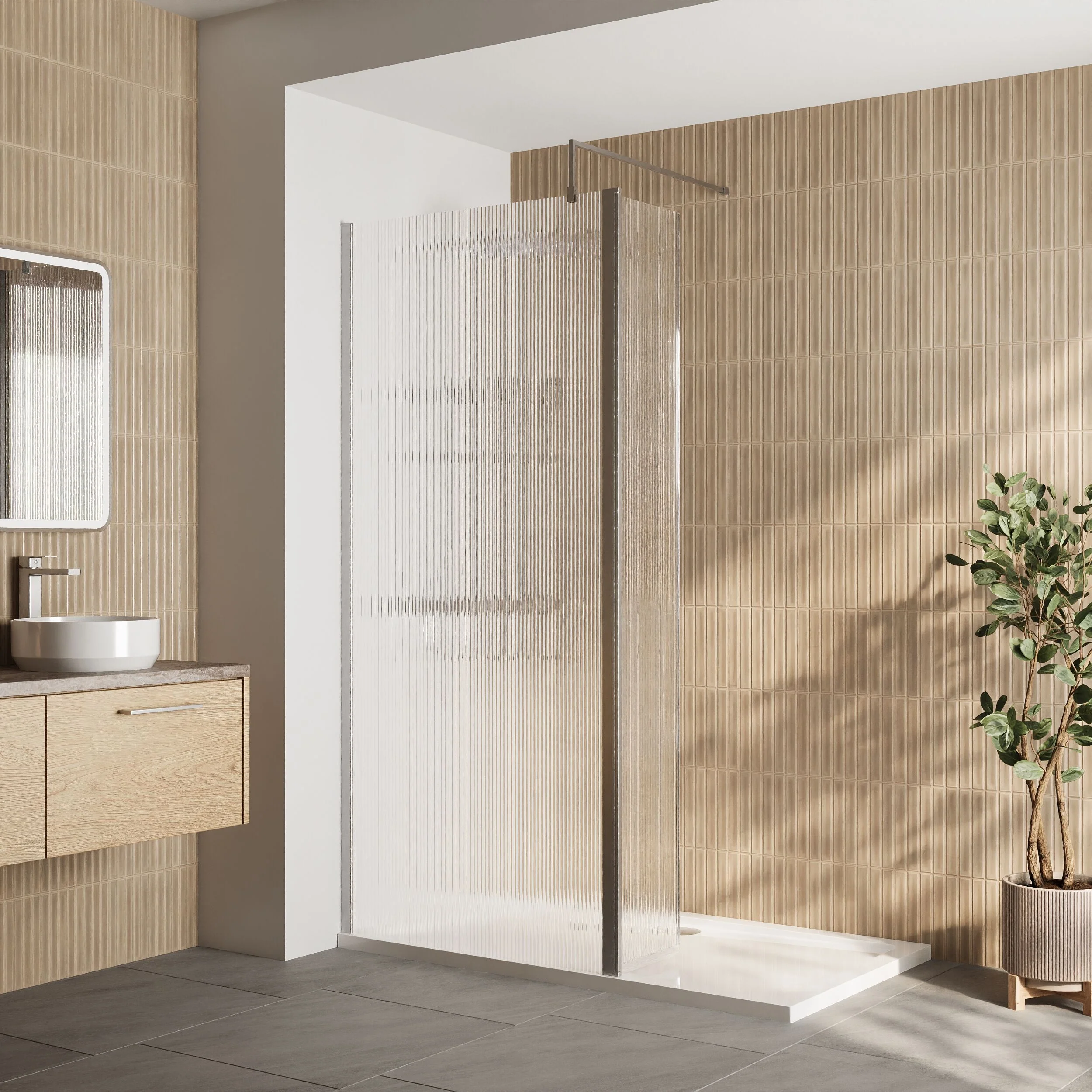 Contemporary 8mm Fluted Glass Walk In Wetroom Screen and Hinged Return Screen - Choice of Size and Finish - Image 15