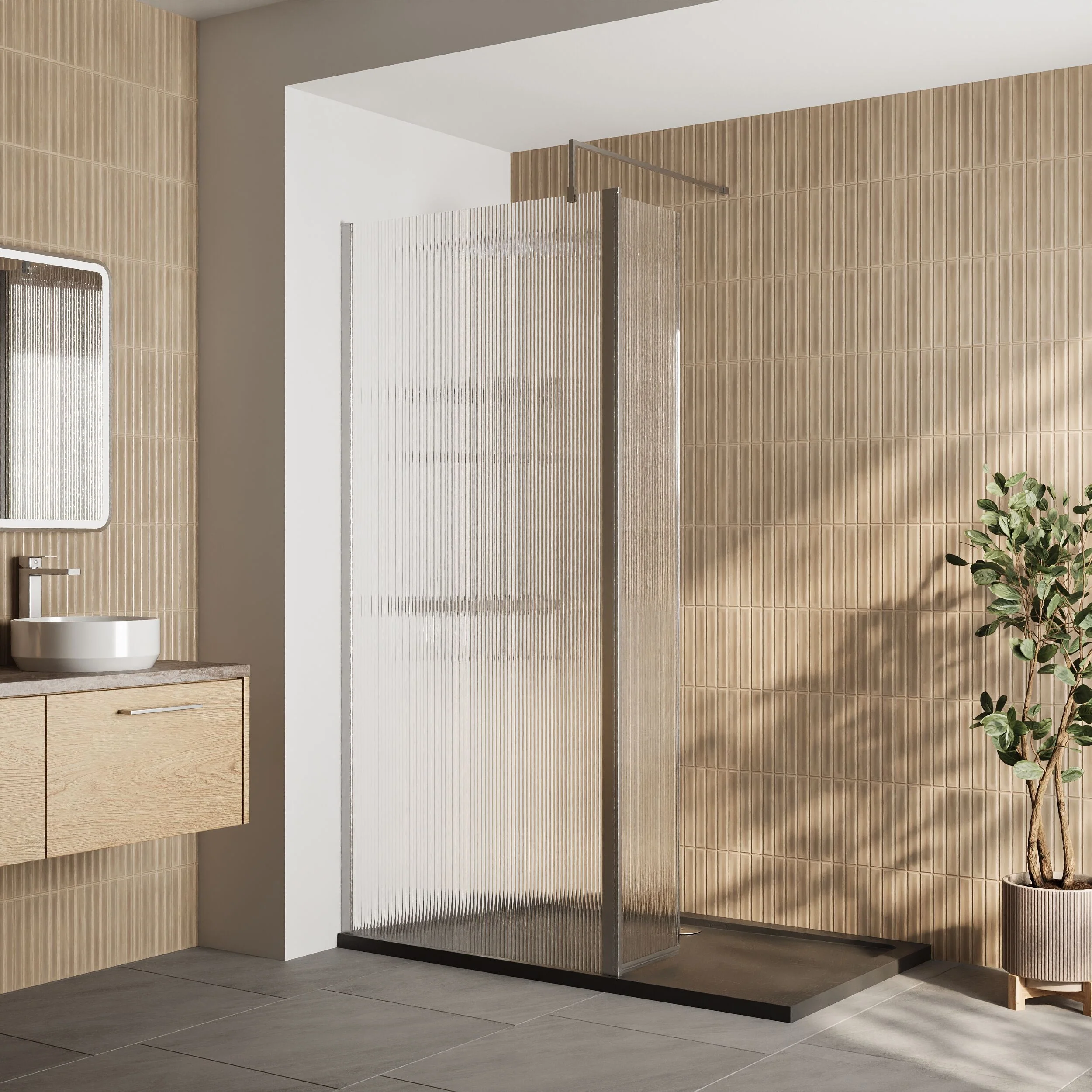 Contemporary 8mm Fluted Glass Walk In Wetroom Screen and Hinged Return Screen - Choice of Size and Finish - Image 18