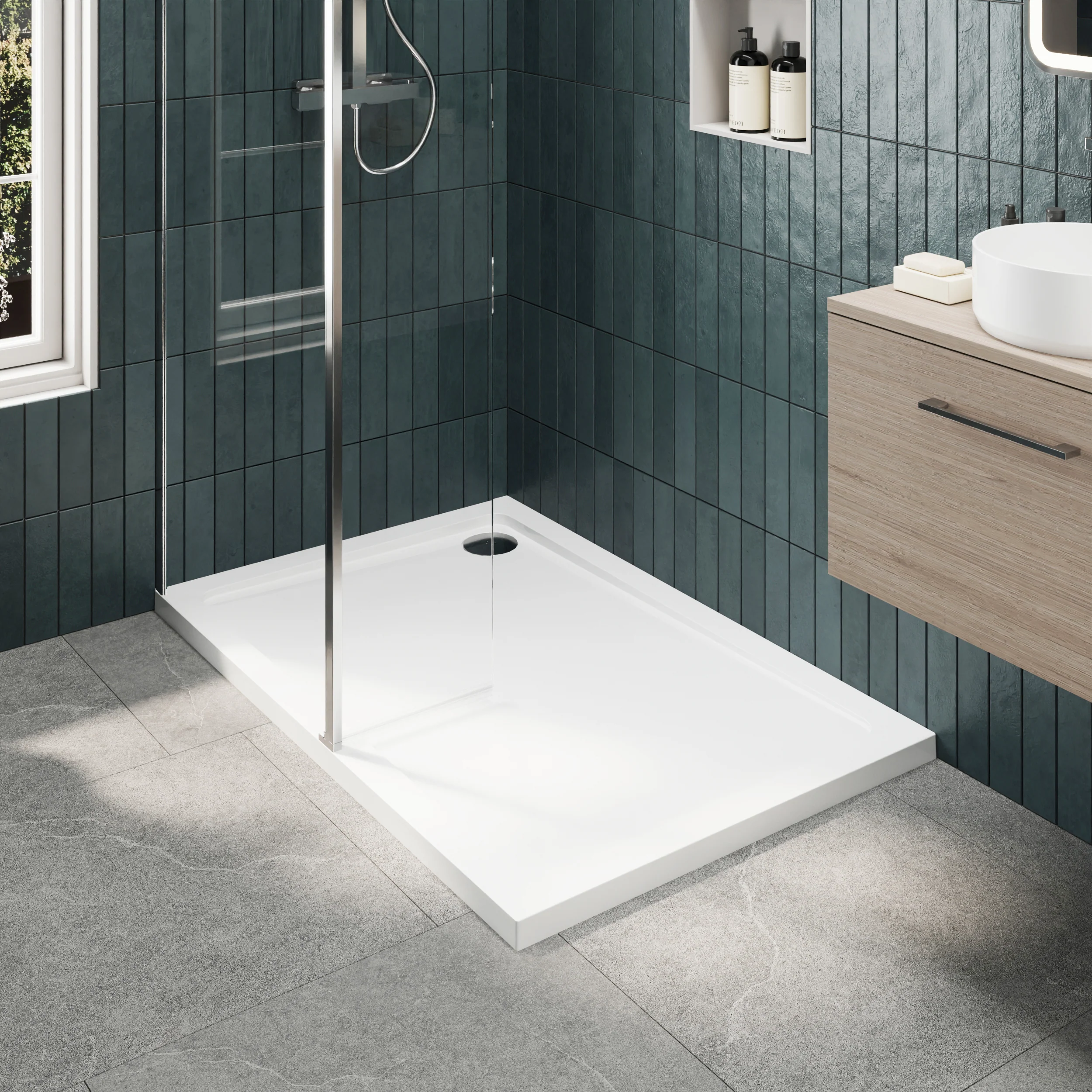 Contemporary 8mm Glass Walk In Wetroom Screen and Hinged Return Screen and Shower Tray - Choice of Size and Finish - Image 10