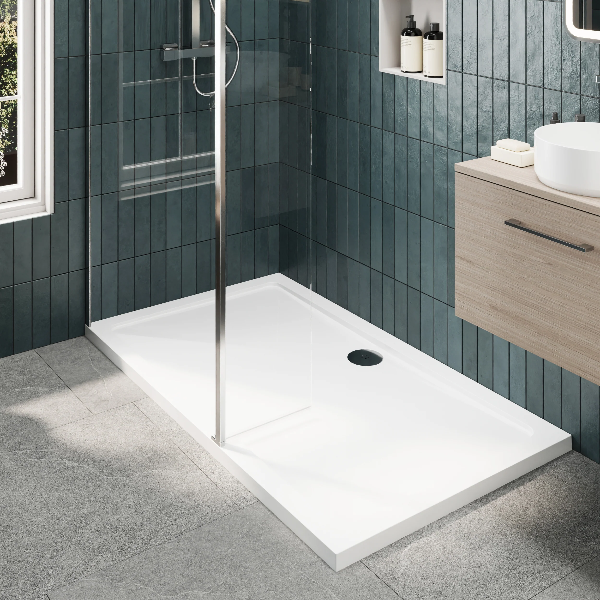 Contemporary 8mm Glass Walk In Wetroom Screen and Hinged Return Screen and Shower Tray - Choice of Size and Finish - Image 111