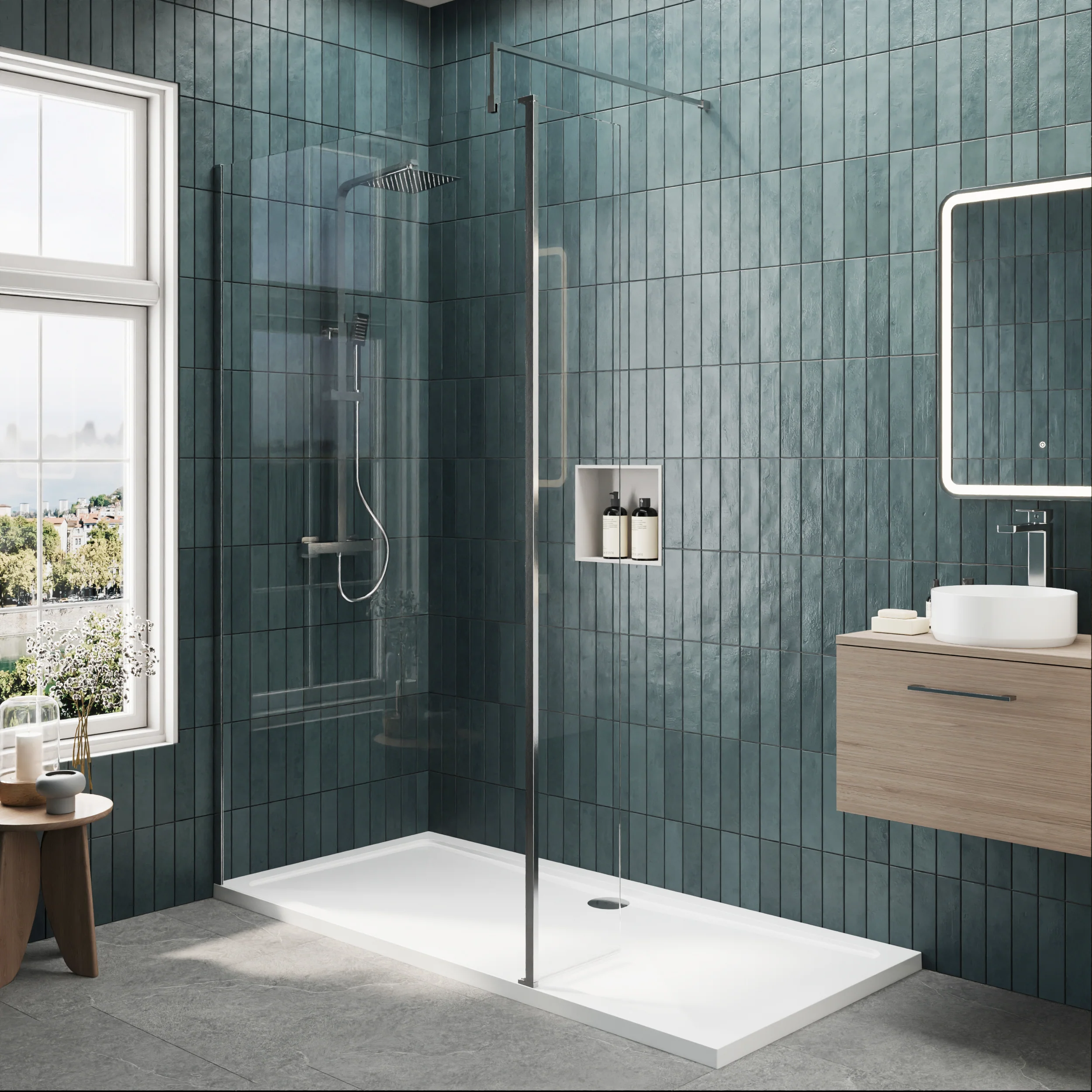 Contemporary 8mm Glass Walk In Wetroom Screen and Hinged Return Screen and Shower Tray - Choice of Size and Finish - Image 122