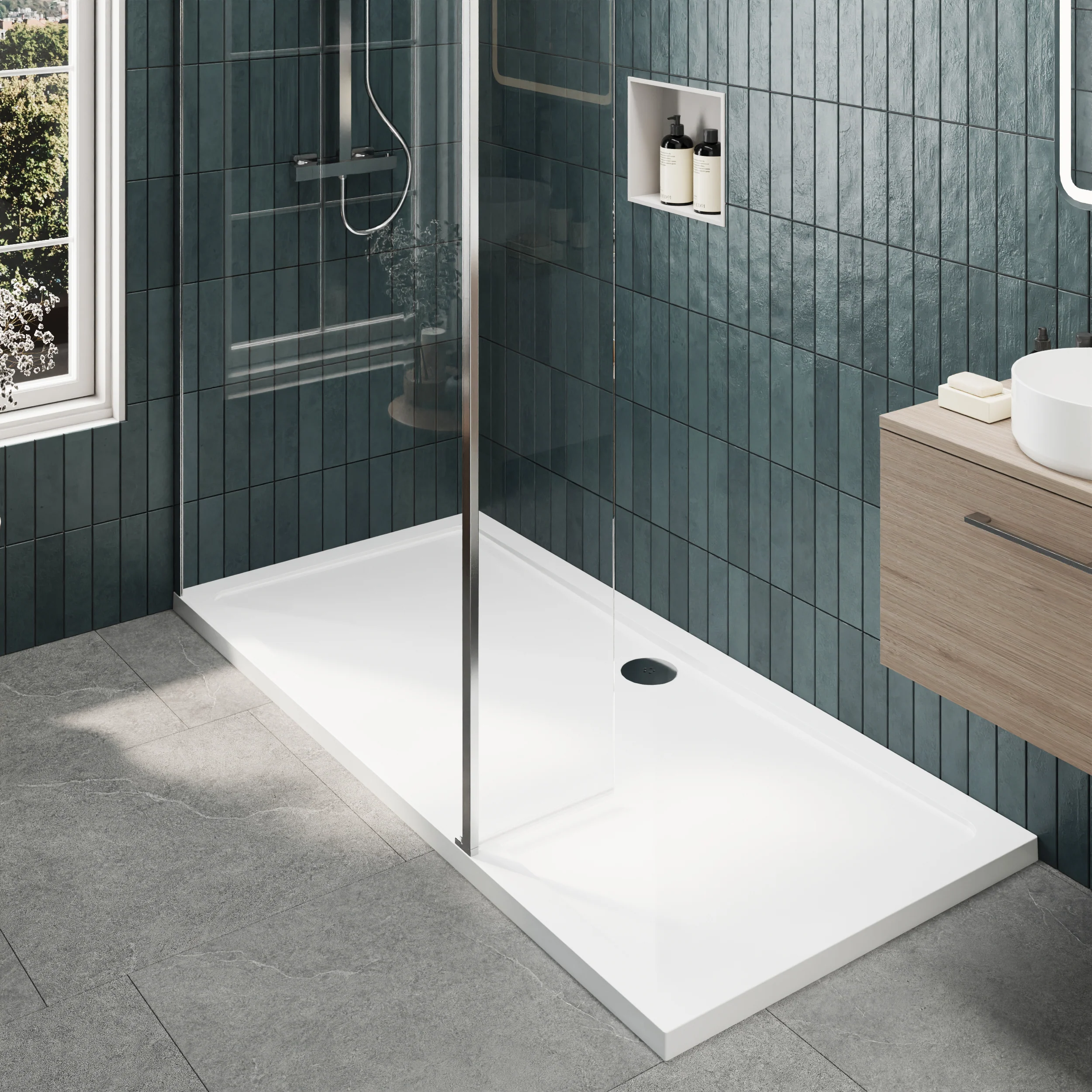 Contemporary 8mm Glass Walk In Wetroom Screen and Hinged Return Screen and Shower Tray - Choice of Size and Finish - Image 128