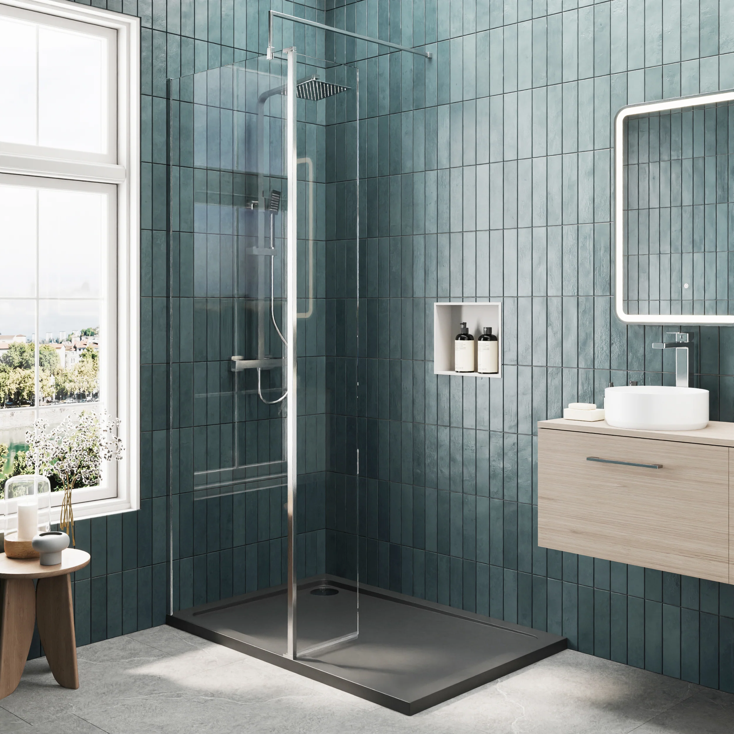 Contemporary 8mm Glass Walk In Wetroom Screen and Hinged Return Screen and Shower Tray - Choice of Size and Finish - Image 139