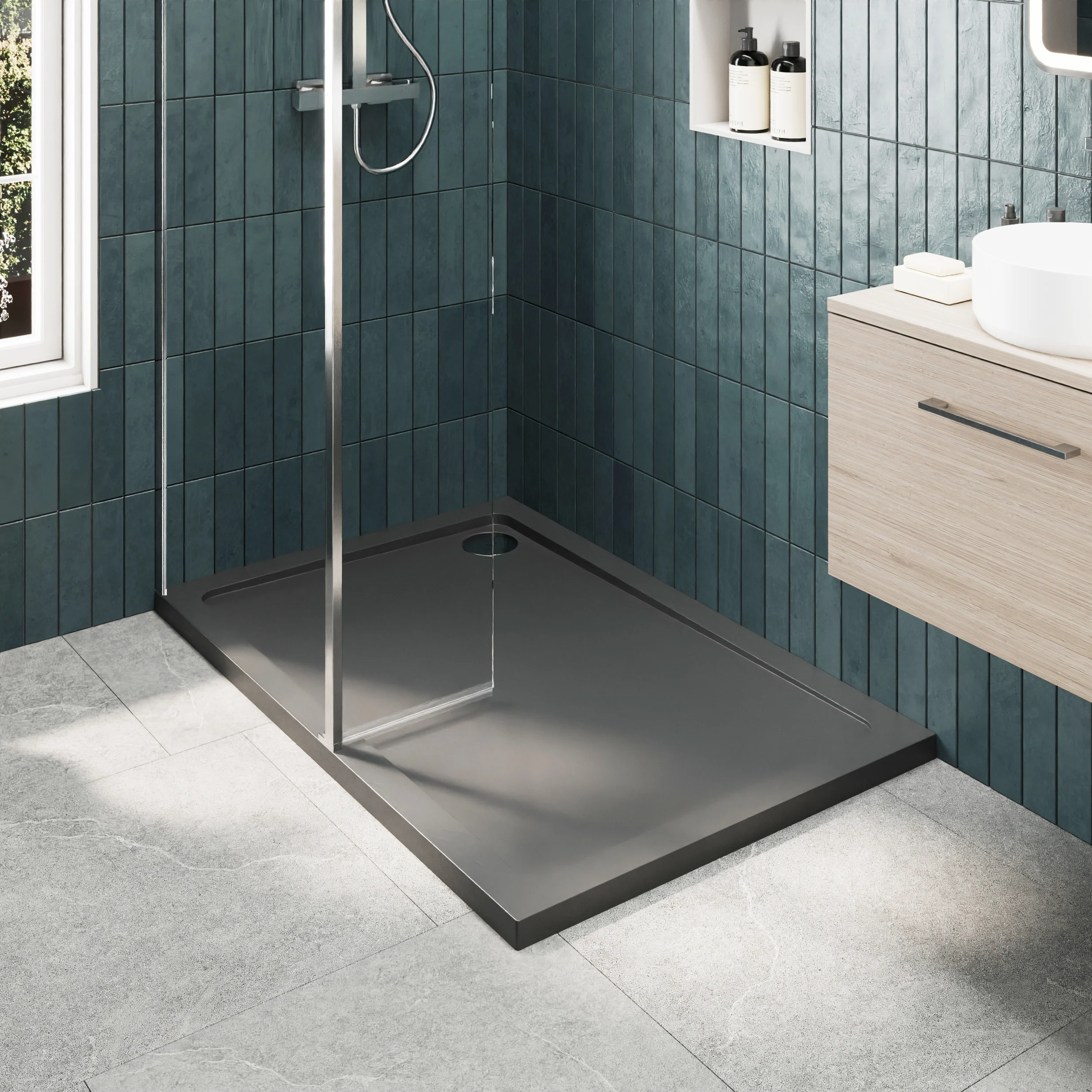 Contemporary 8mm Glass Walk In Wetroom Screen and Hinged Return Screen and Shower Tray - Choice of Size and Finish - Image 145