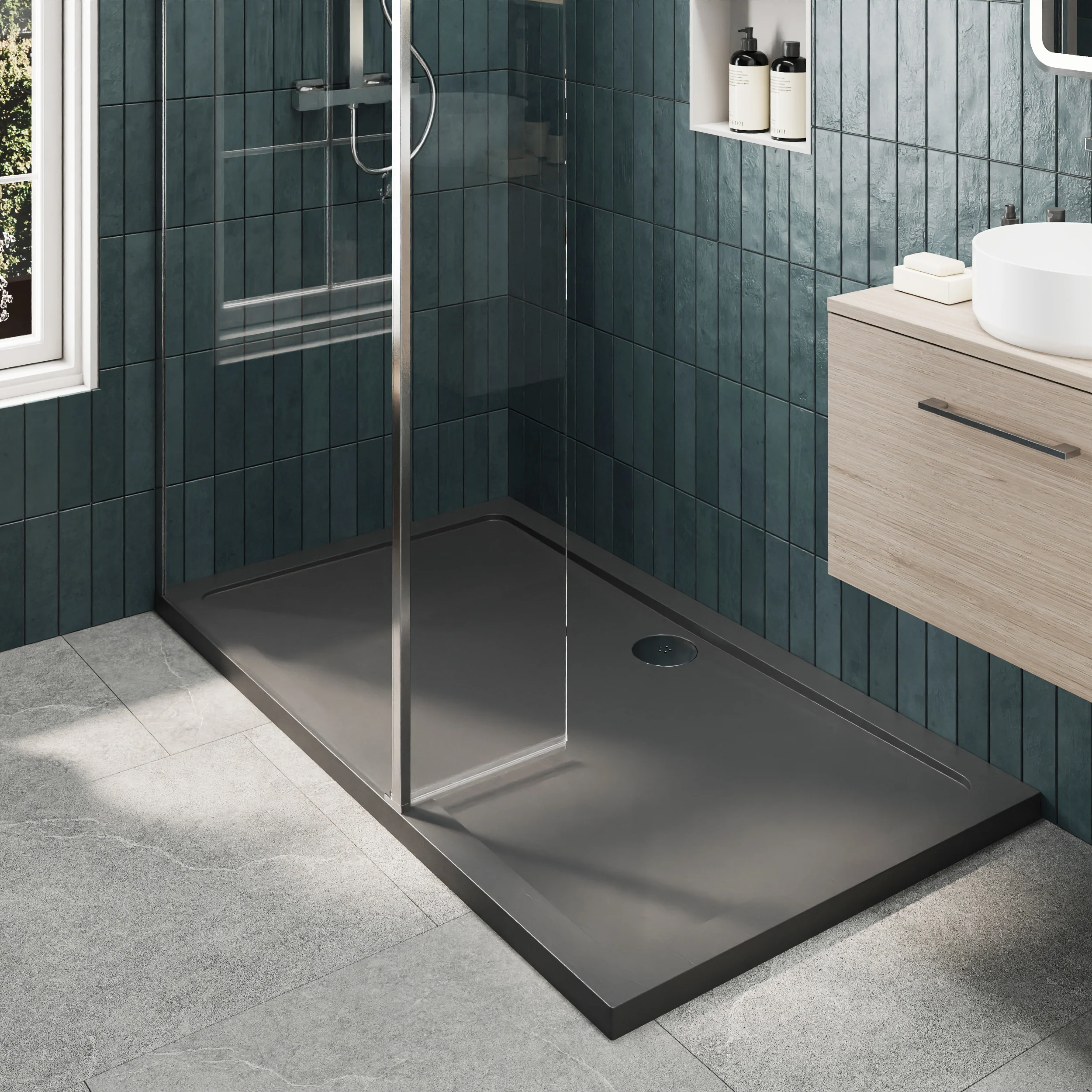 Contemporary 8mm Glass Walk In Wetroom Screen and Hinged Return Screen and Shower Tray - Choice of Size and Finish - Image 161