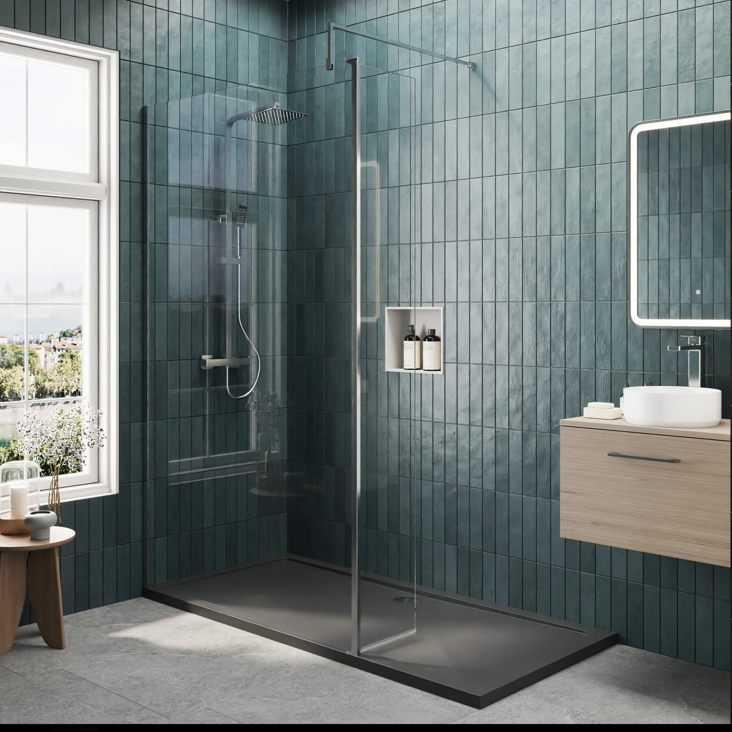 Contemporary 8mm Glass Walk In Wetroom Screen and Hinged Return Screen and Shower Tray - Choice of Size and Finish - Image 172