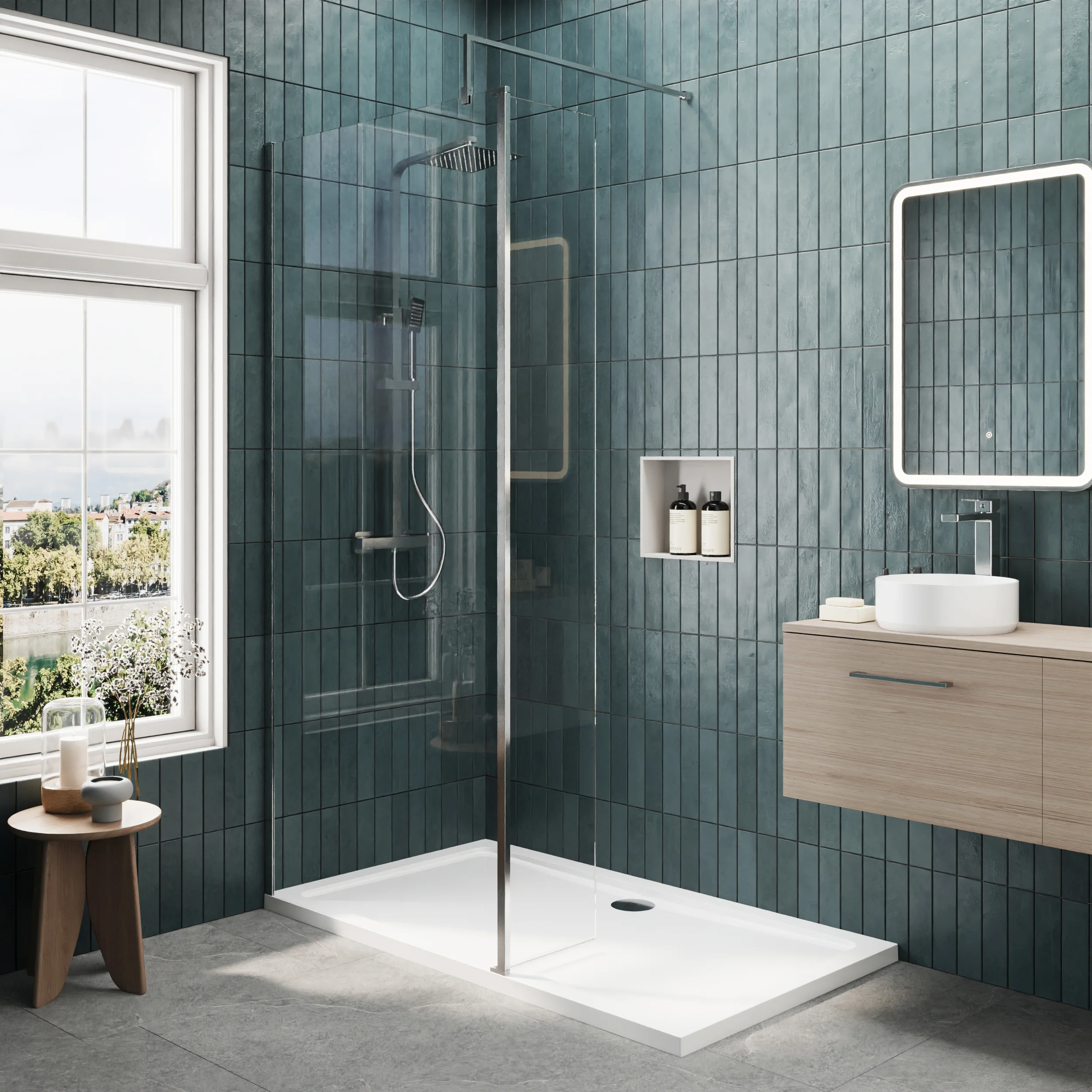 Contemporary 8mm Glass Walk In Wetroom Screen and Hinged Return Screen and Shower Tray - Choice of Size and Finish - Image 21
