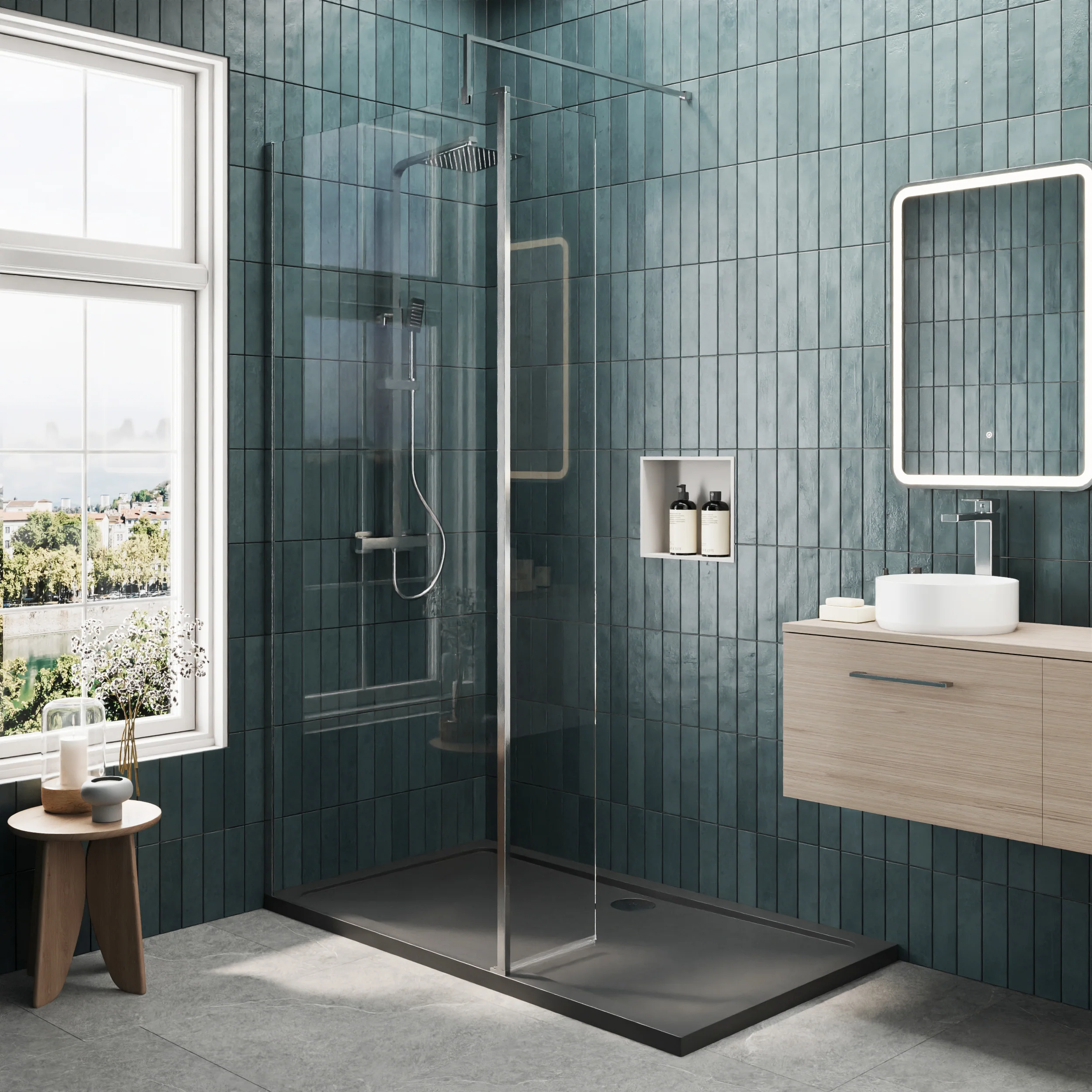 Contemporary 8mm Glass Walk In Wetroom Screen and Hinged Return Screen and Shower Tray - Choice of Size and Finish - Image 65