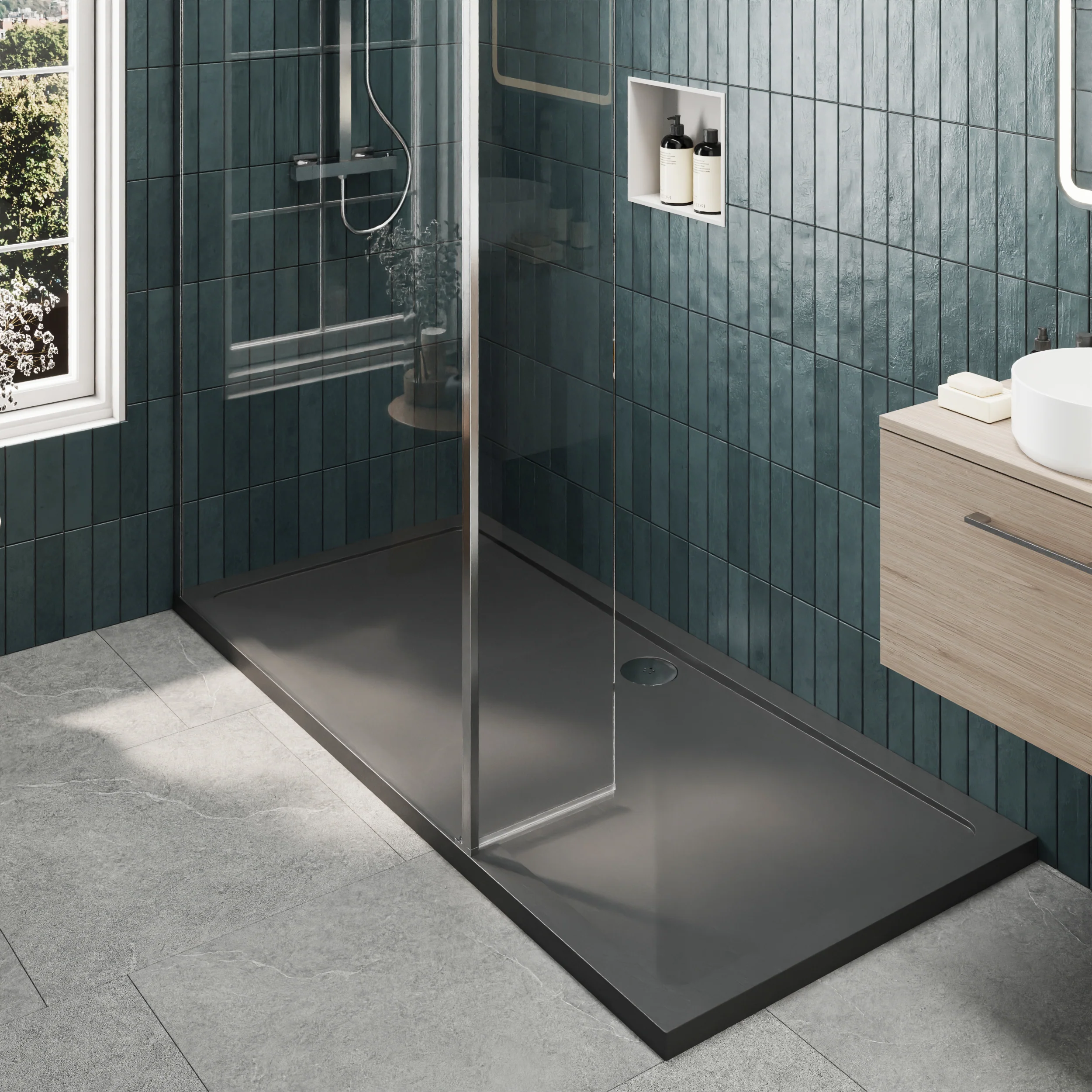 Contemporary 8mm Glass Walk In Wetroom Screen and Hinged Return Screen and Shower Tray - Choice of Size and Finish - Image 80