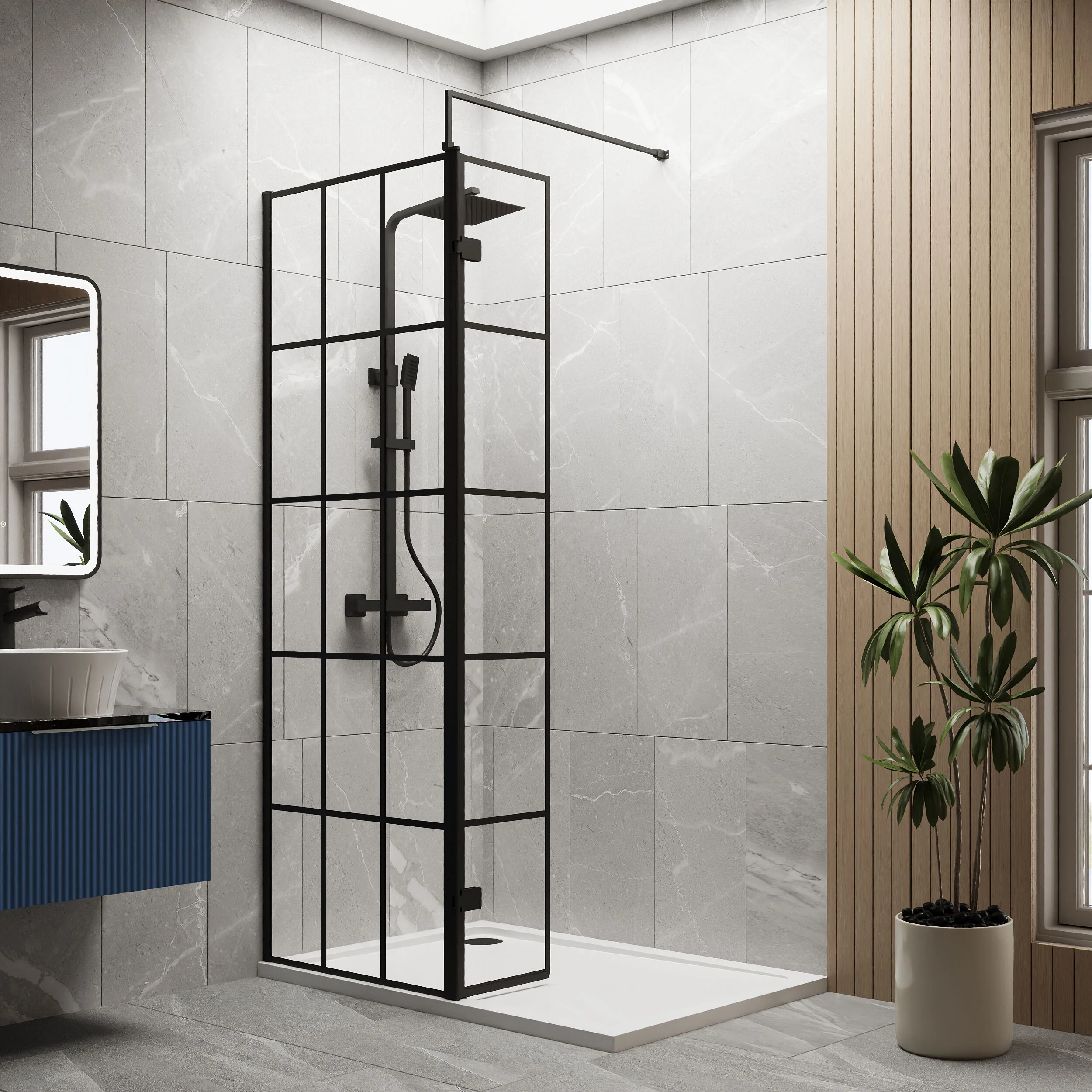 Contemporary 8mm Glass Walk In Wetroom Screen and Hinged Return Screen with Black Framed Design - Choice of Size - Image 20