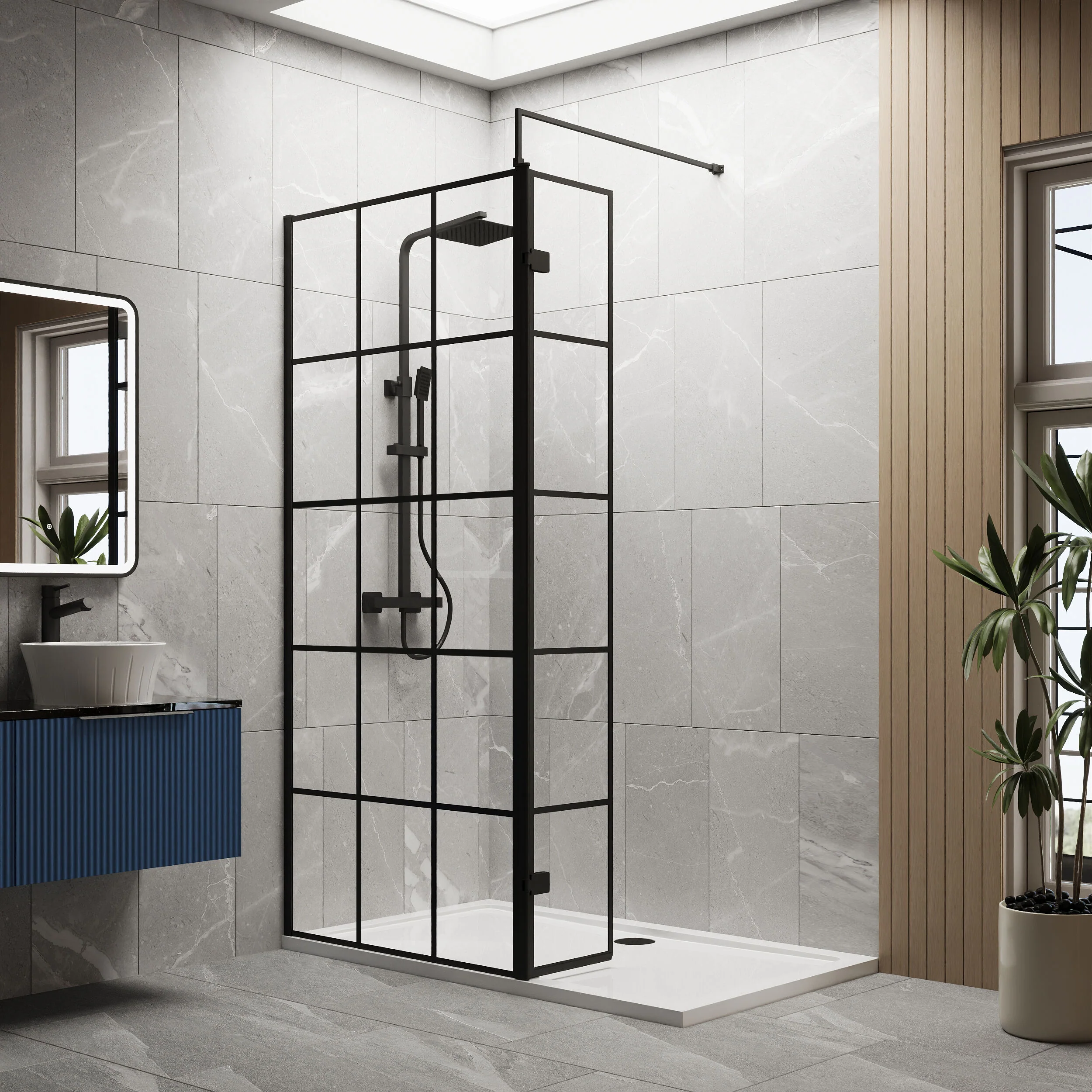 Contemporary 8mm Glass Walk In Wetroom Screen and Hinged Return Screen with Black Framed Design - Choice of Size - Image 26