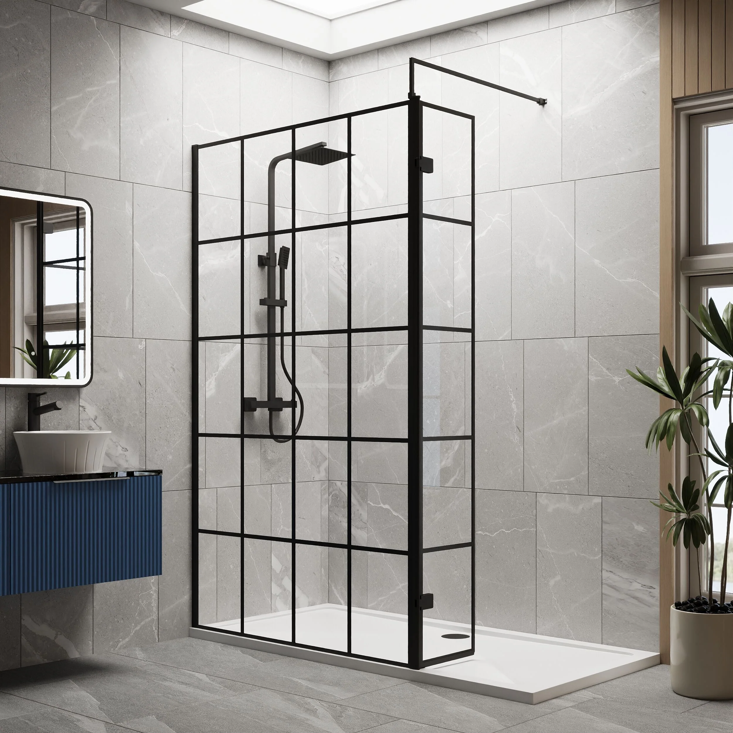 Contemporary 8mm Glass Walk In Wetroom Screen and Hinged Return Screen with Black Framed Design - Choice of Size - Image 27