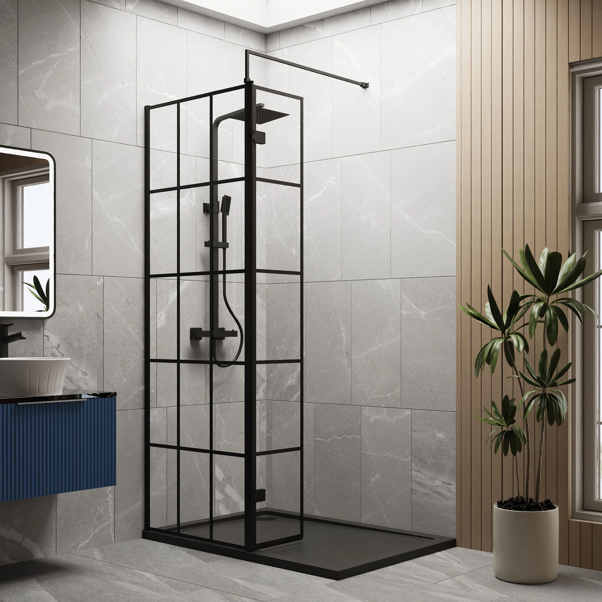 Contemporary 8mm Glass Walk In Wetroom Screen and Hinged Return Screen with Black Framed Design - Choice of Size - Image 30