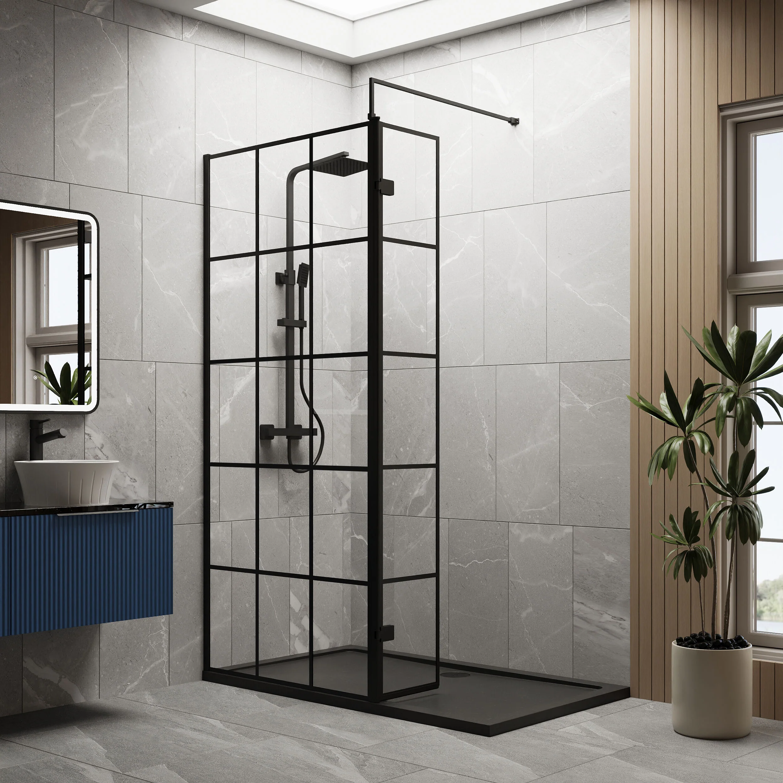Contemporary 8mm Glass Walk In Wetroom Screen and Hinged Return Screen with Black Framed Design - Choice of Size - Image 34