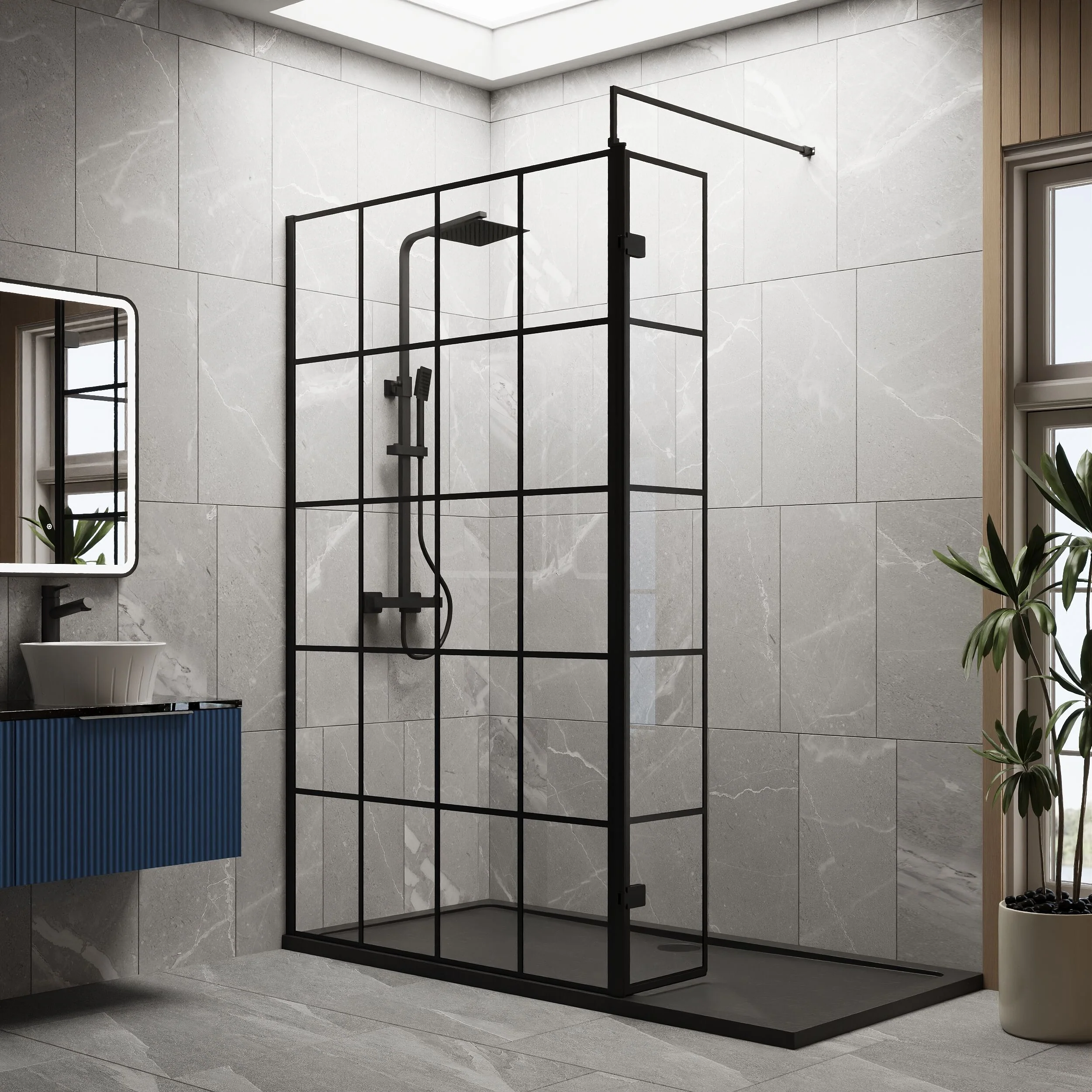 Contemporary 8mm Glass Walk In Wetroom Screen and Hinged Return Screen with Black Framed Design - Choice of Size - Image 41