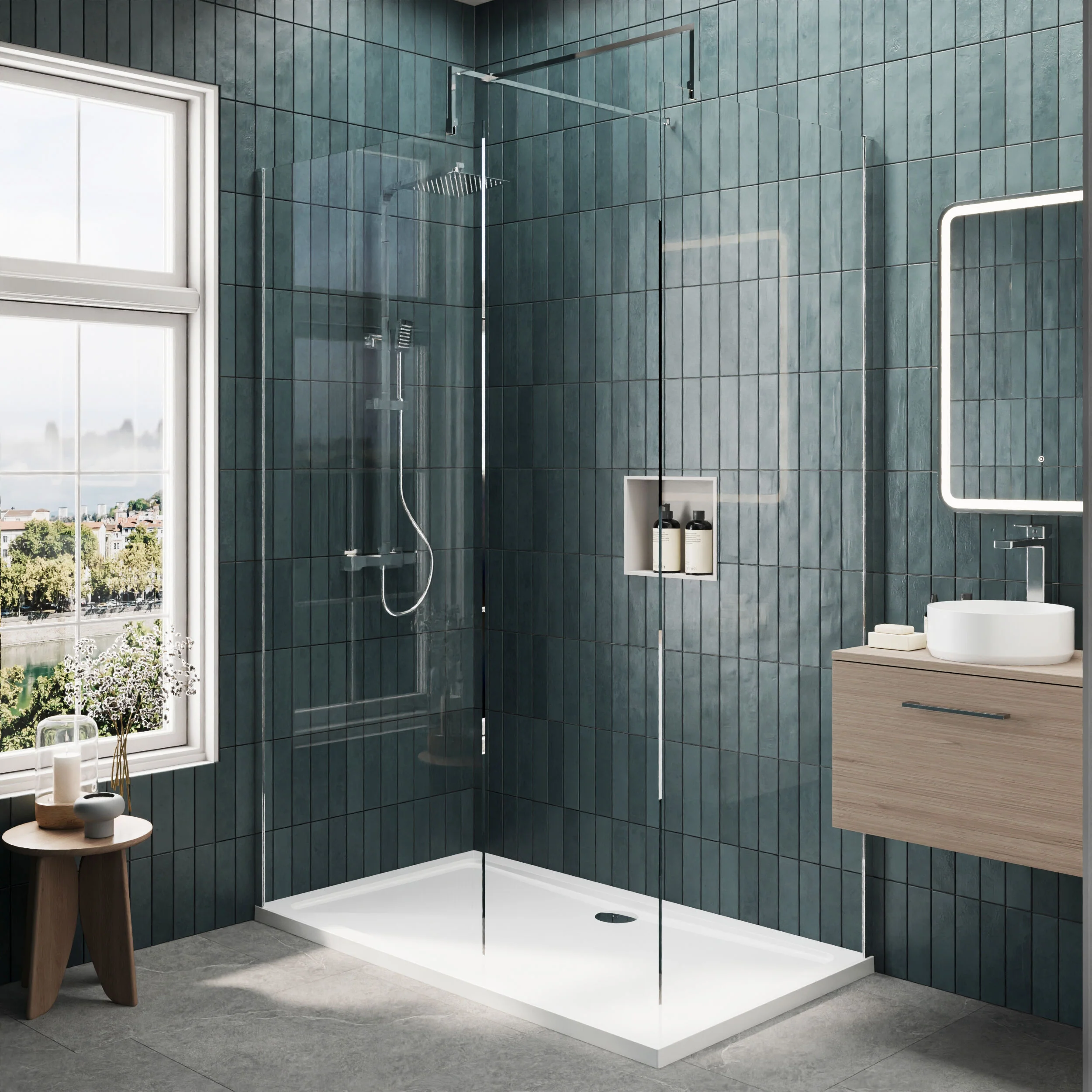 Contemporary 8mm Glass Walk In Wetroom Screens and Shower Tray - Choice of Size and Finish - Image 60