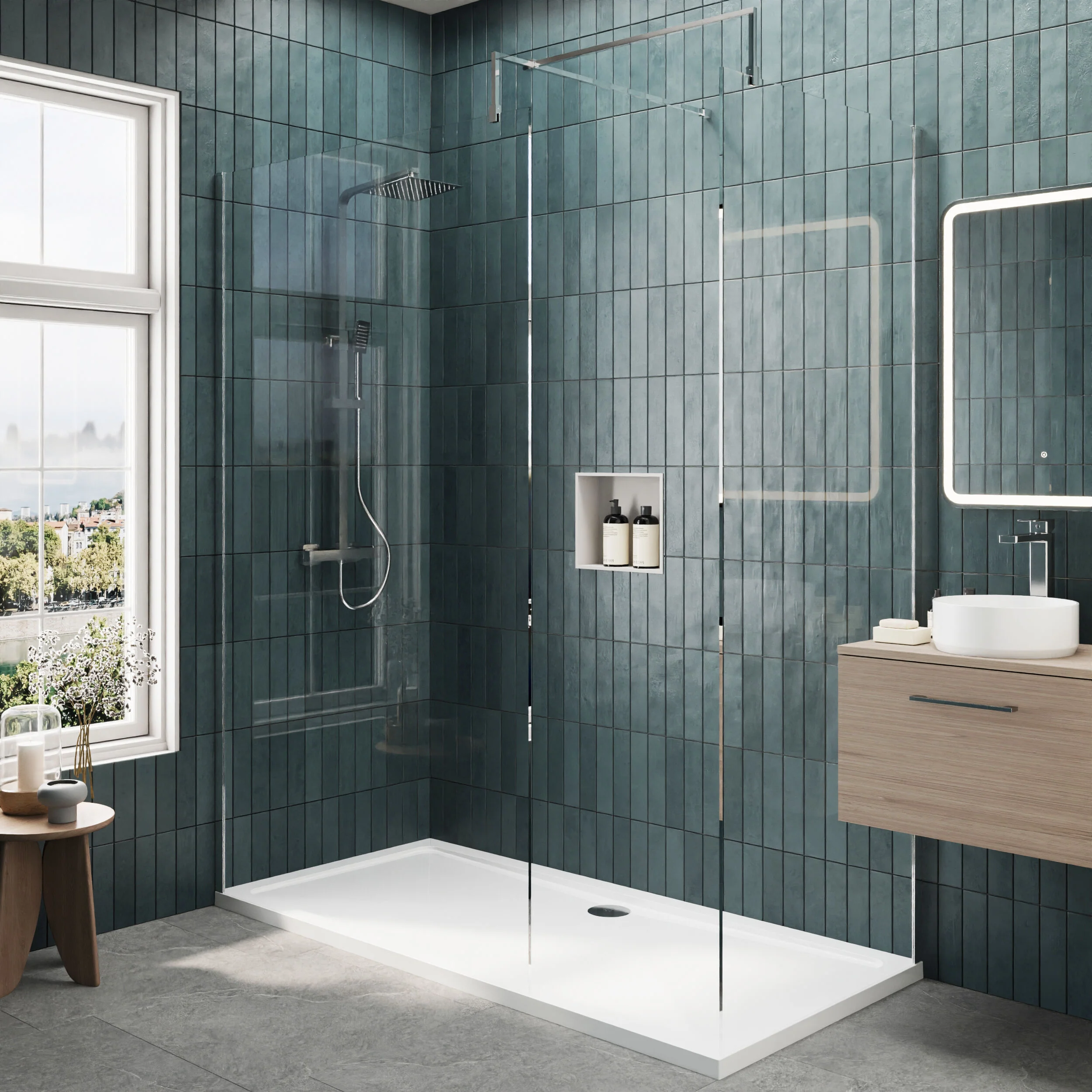 Contemporary 8mm Glass Walk In Wetroom Screens and Shower Tray - Choice of Size and Finish - Image 63