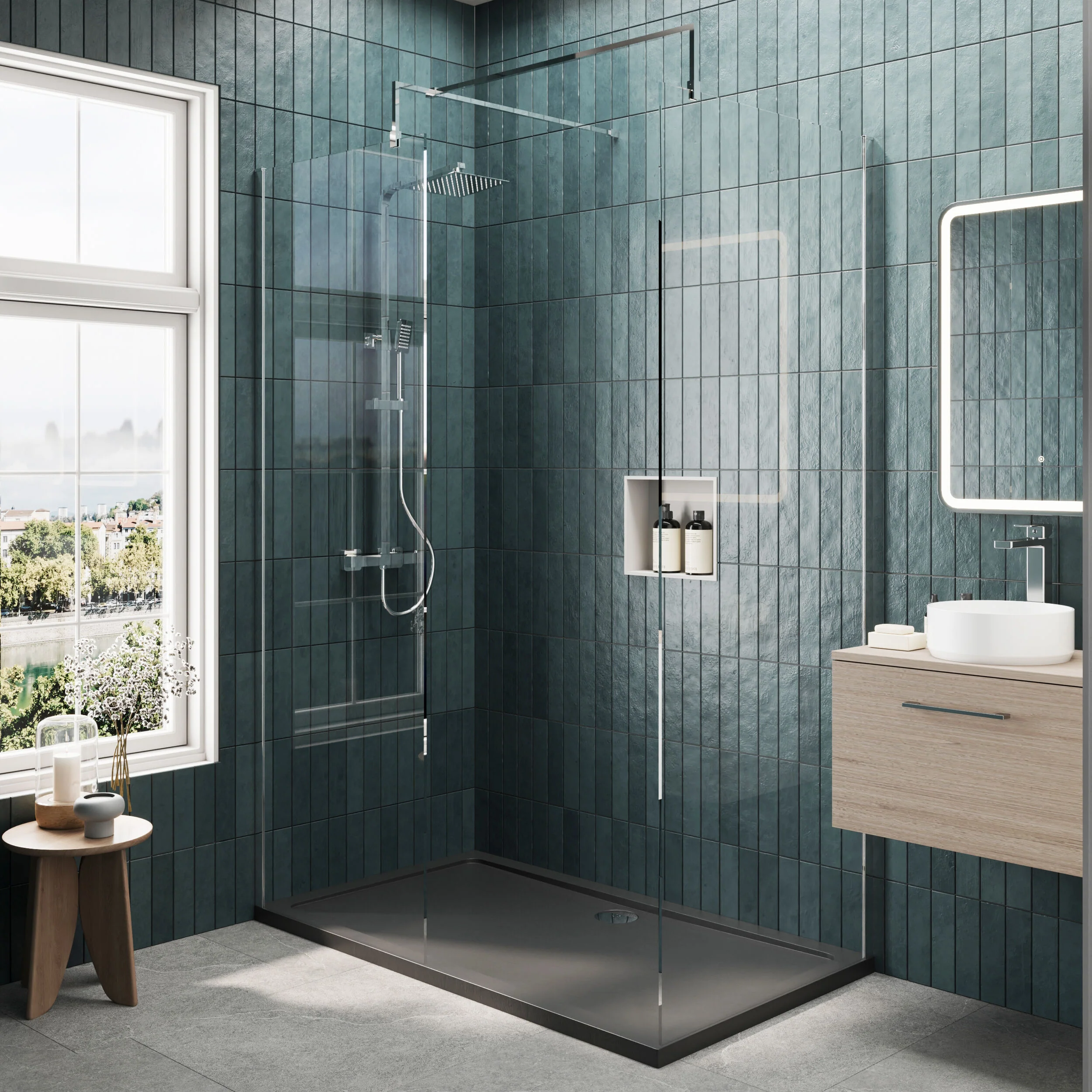 Contemporary 8mm Glass Walk In Wetroom Screens and Shower Tray - Choice of Size and Finish - Image 67