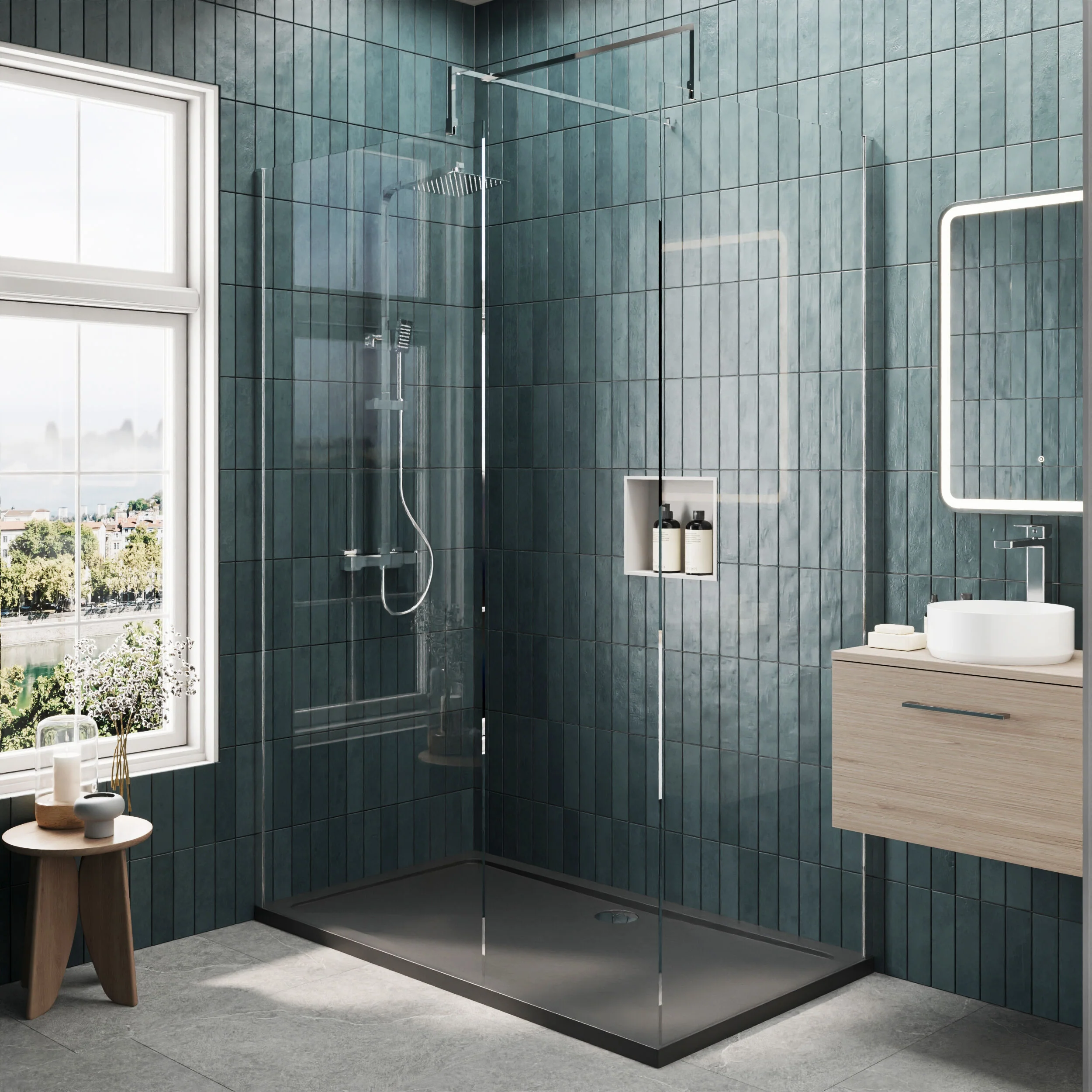 Contemporary 8mm Glass Walk In Wetroom Screens and Shower Tray - Choice of Size and Finish - Image 71