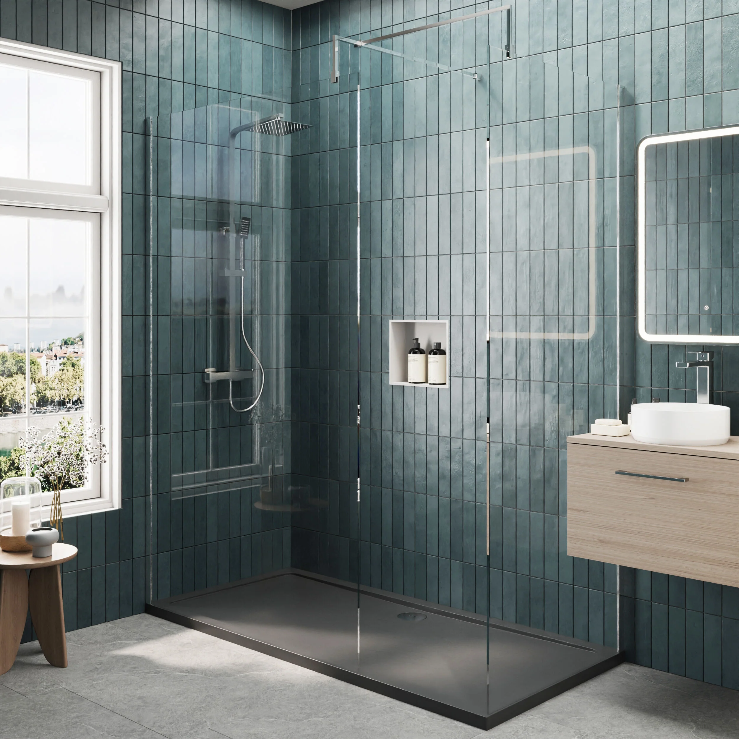 Contemporary 8mm Glass Walk In Wetroom Screens and Shower Tray - Choice of Size and Finish - Image 76