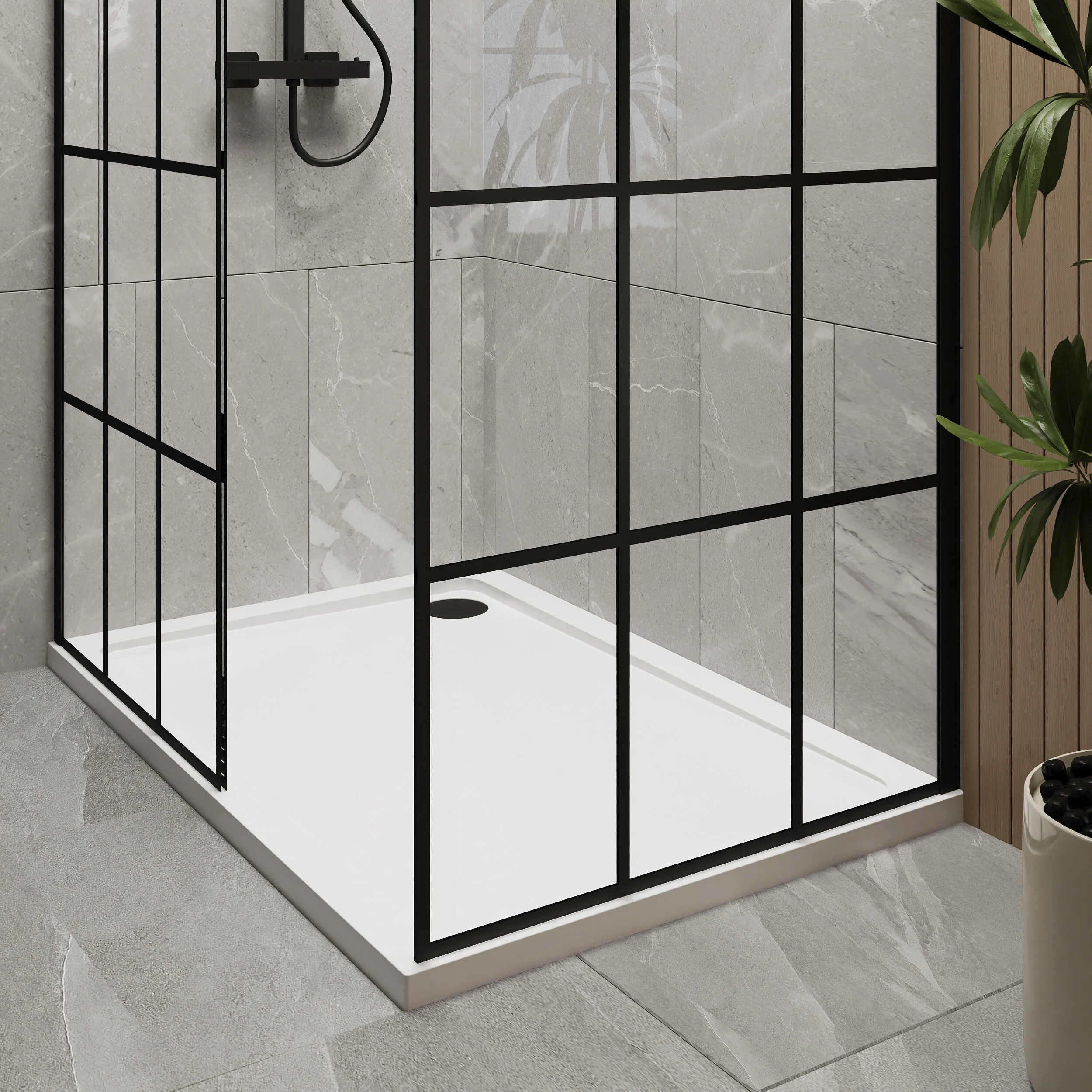 Contemporary 8mm Glass Walk In Wetroom Screens with Matt Black Framed Design and Shower Tray - Choice of Size - Image 21