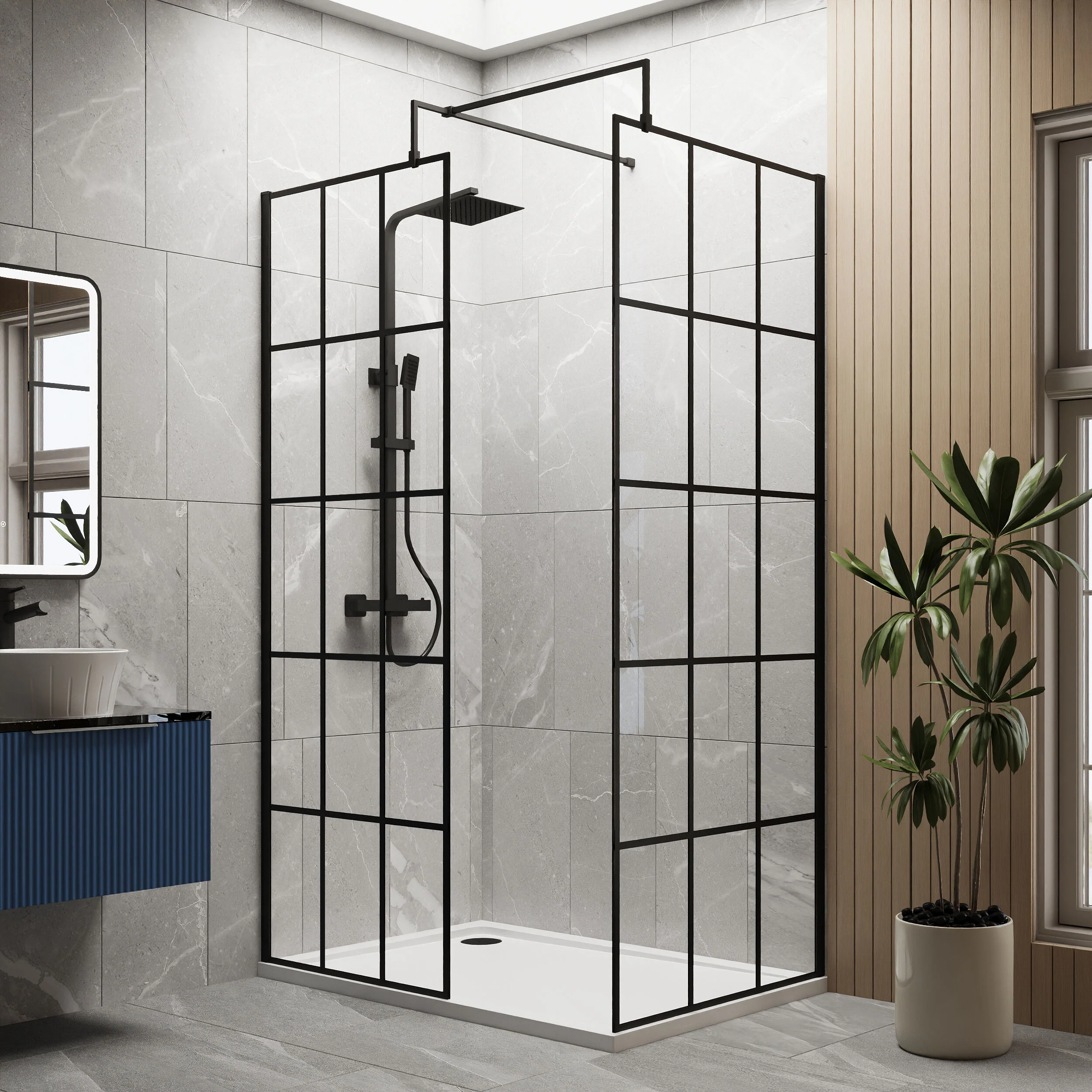 Contemporary 8mm Glass Walk In Wetroom Screens with Matt Black Framed Design and Shower Tray - Choice of Size - Image 22
