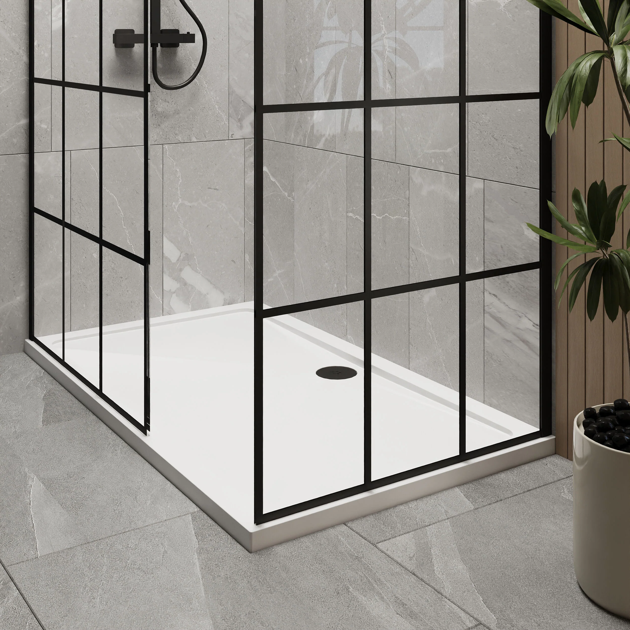 Contemporary 8mm Glass Walk In Wetroom Screens with Matt Black Framed Design and Shower Tray - Choice of Size - Image 25