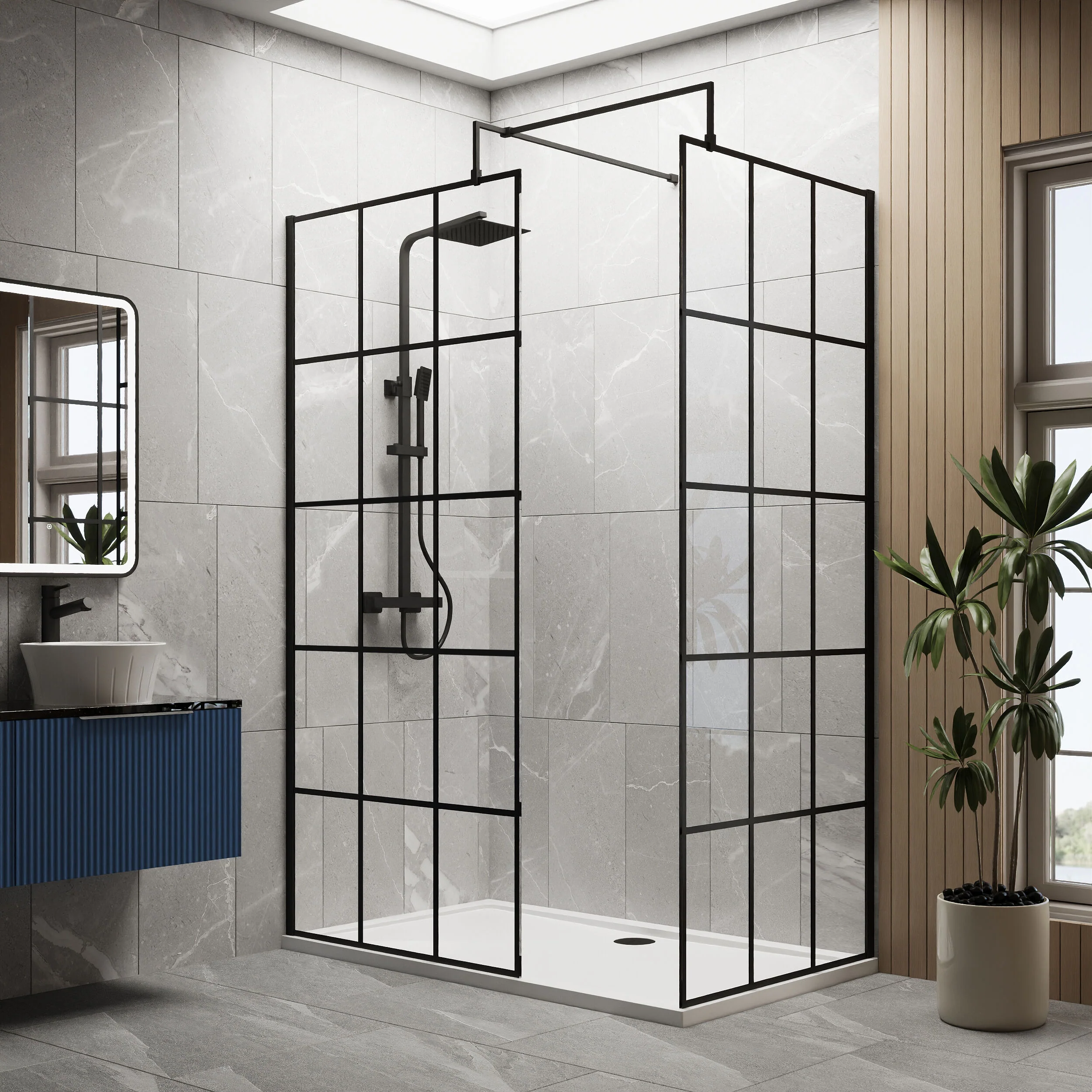 Contemporary 8mm Glass Walk In Wetroom Screens with Matt Black Framed Design and Shower Tray - Choice of Size - Image 26