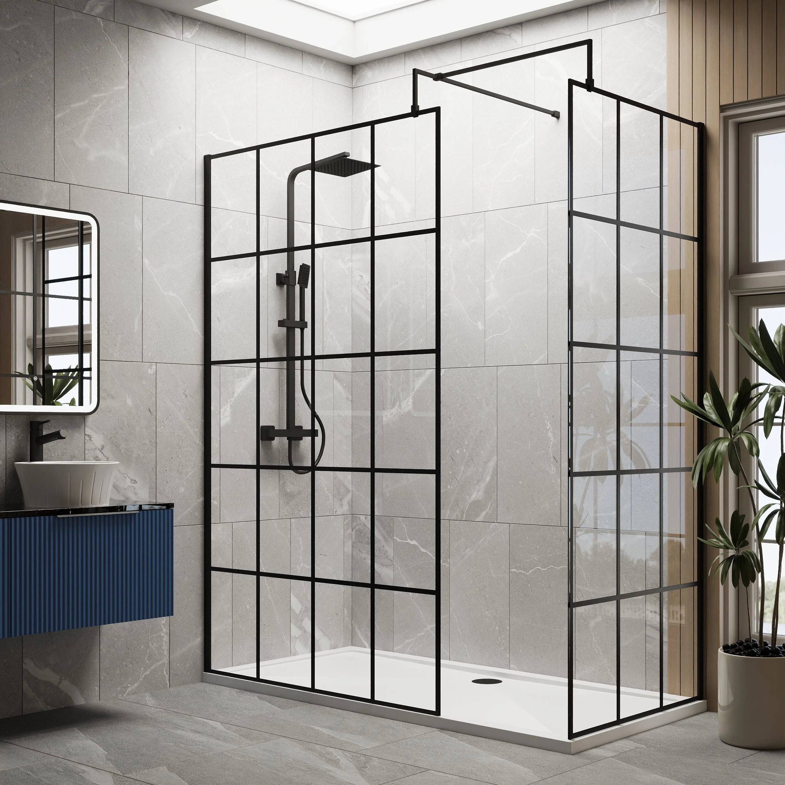Contemporary 8mm Glass Walk In Wetroom Screens with Matt Black Framed Design and Shower Tray - Choice of Size - Image 28