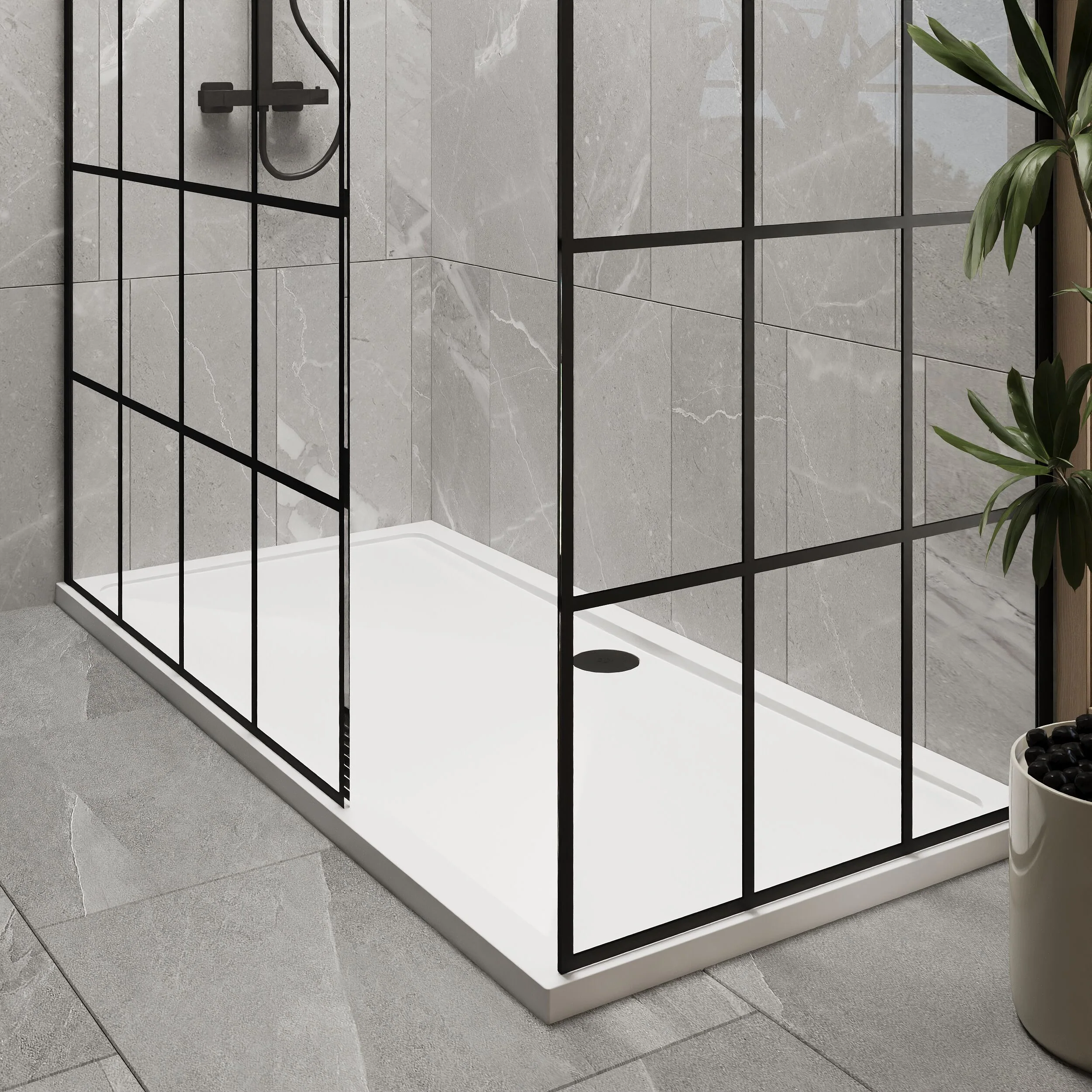 Contemporary 8mm Glass Walk In Wetroom Screens with Matt Black Framed Design and Shower Tray - Choice of Size - Image 29