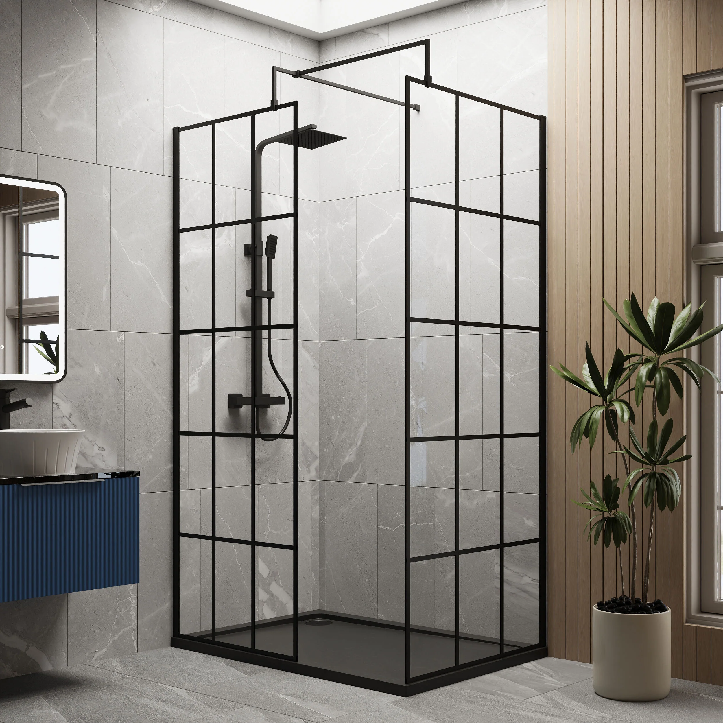 Contemporary 8mm Glass Walk In Wetroom Screens with Matt Black Framed Design and Shower Tray - Choice of Size - Image 31