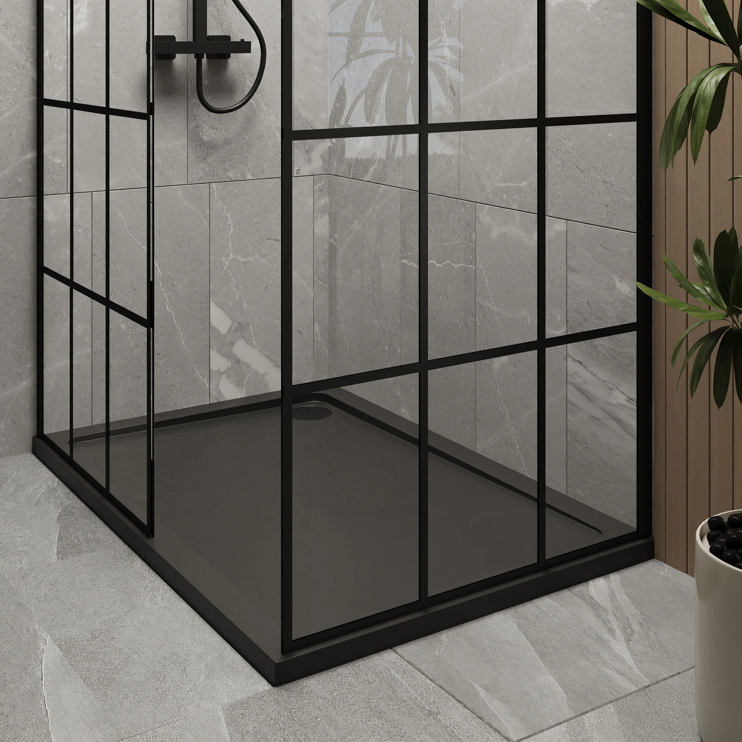 Contemporary 8mm Glass Walk In Wetroom Screens with Matt Black Framed Design and Shower Tray - Choice of Size - Image 33