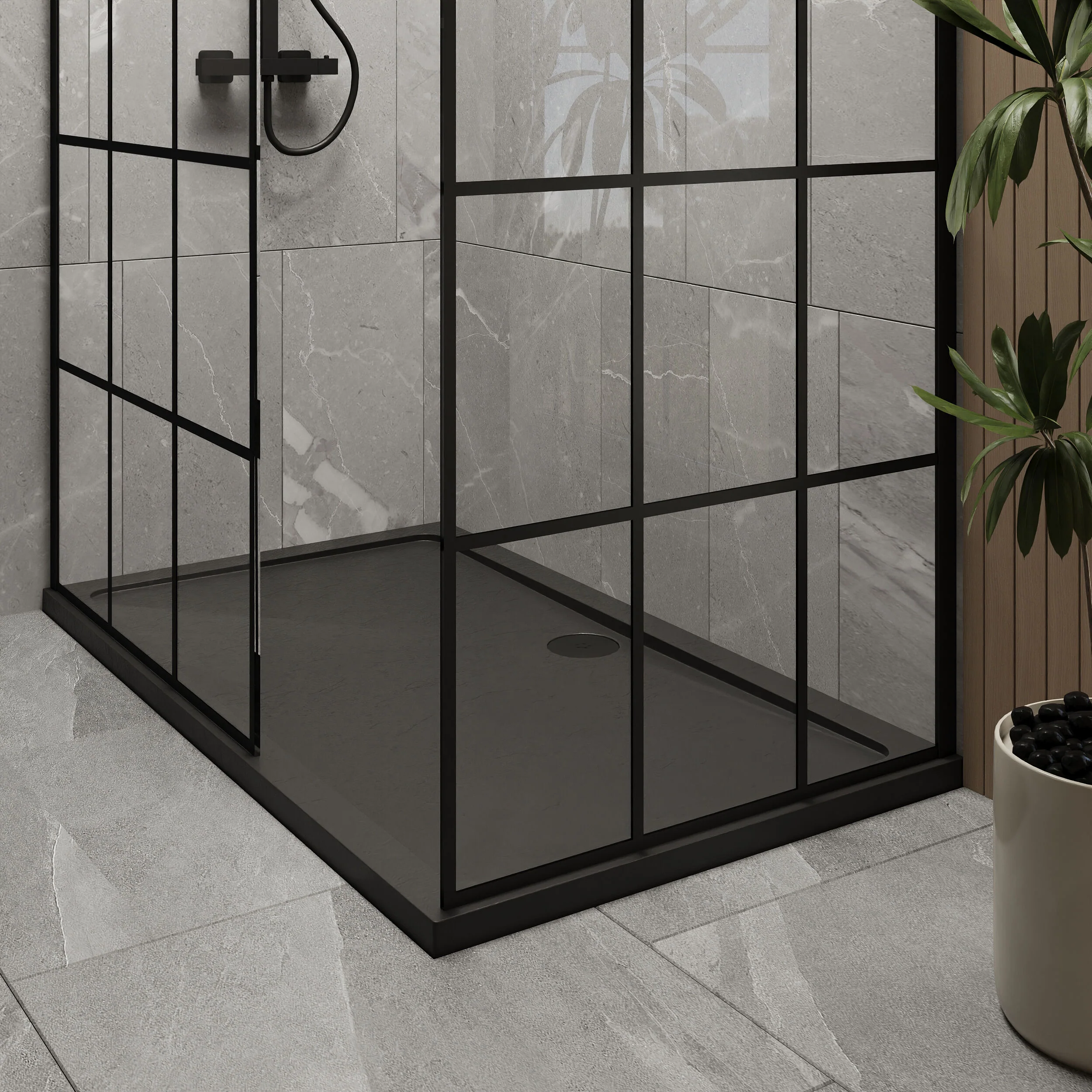 Contemporary 8mm Glass Walk In Wetroom Screens with Matt Black Framed Design and Shower Tray - Choice of Size - Image 37