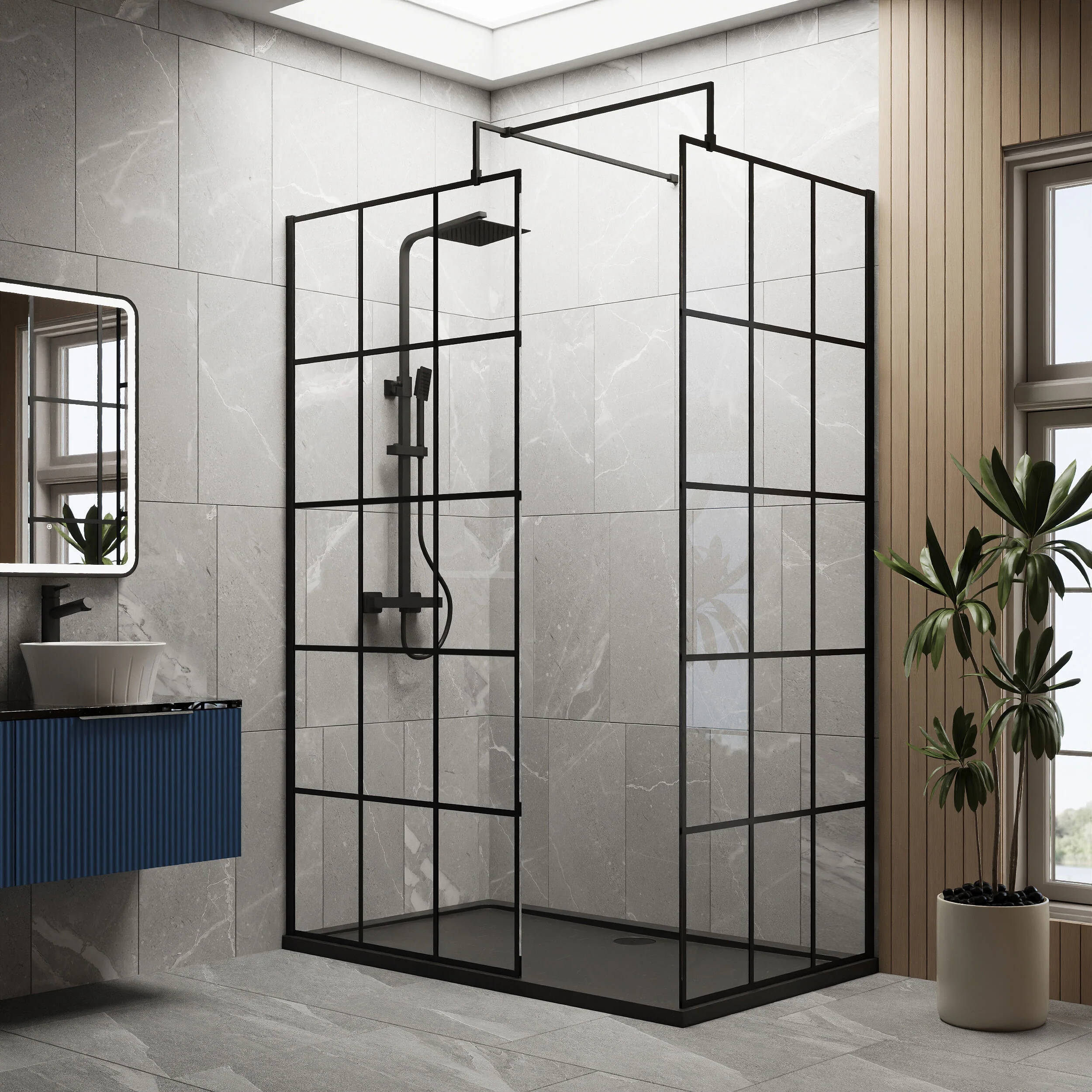 Contemporary 8mm Glass Walk In Wetroom Screens with Matt Black Framed Design and Shower Tray - Choice of Size - Image 38