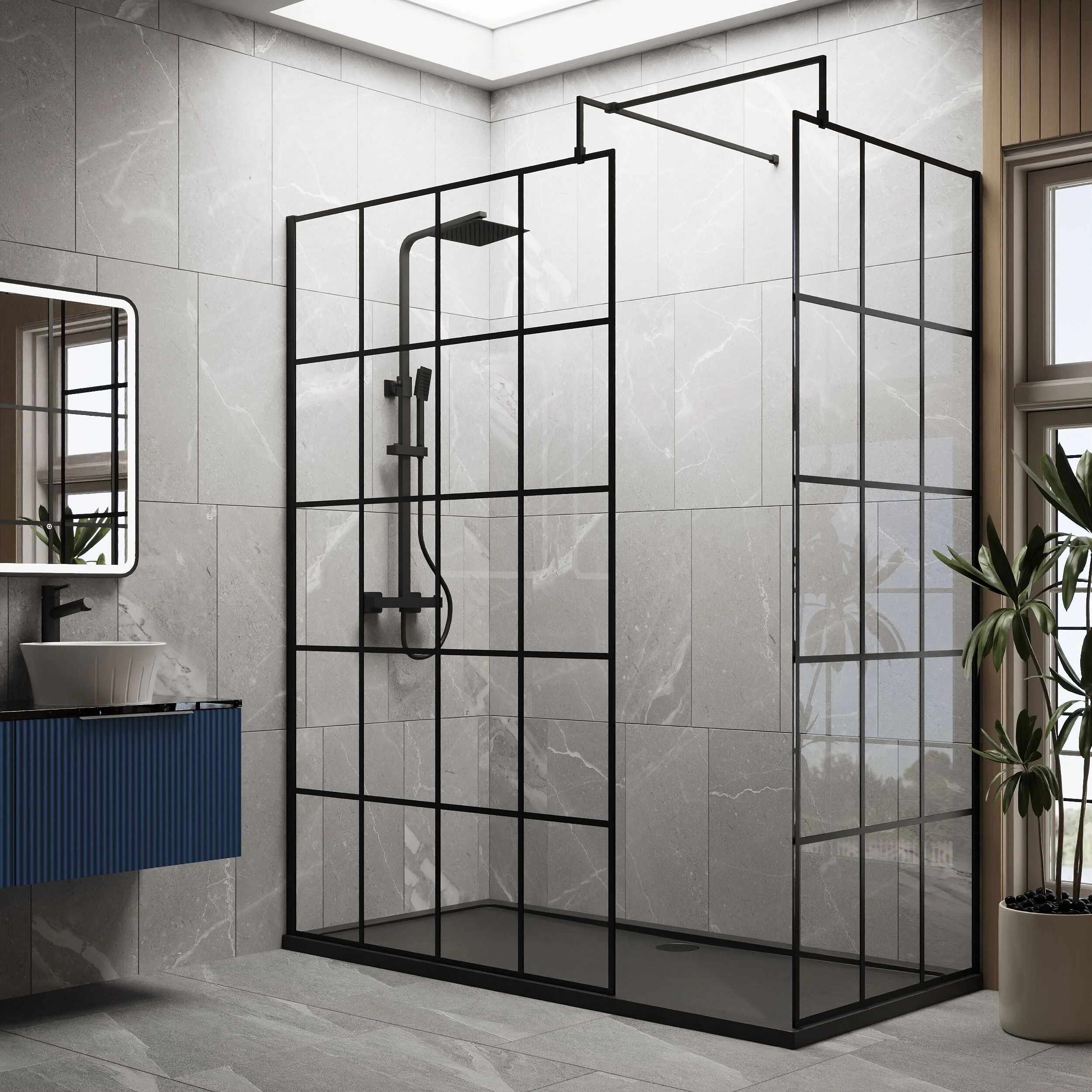 Contemporary 8mm Glass Walk In Wetroom Screens with Matt Black Framed Design and Shower Tray - Choice of Size - Image 39