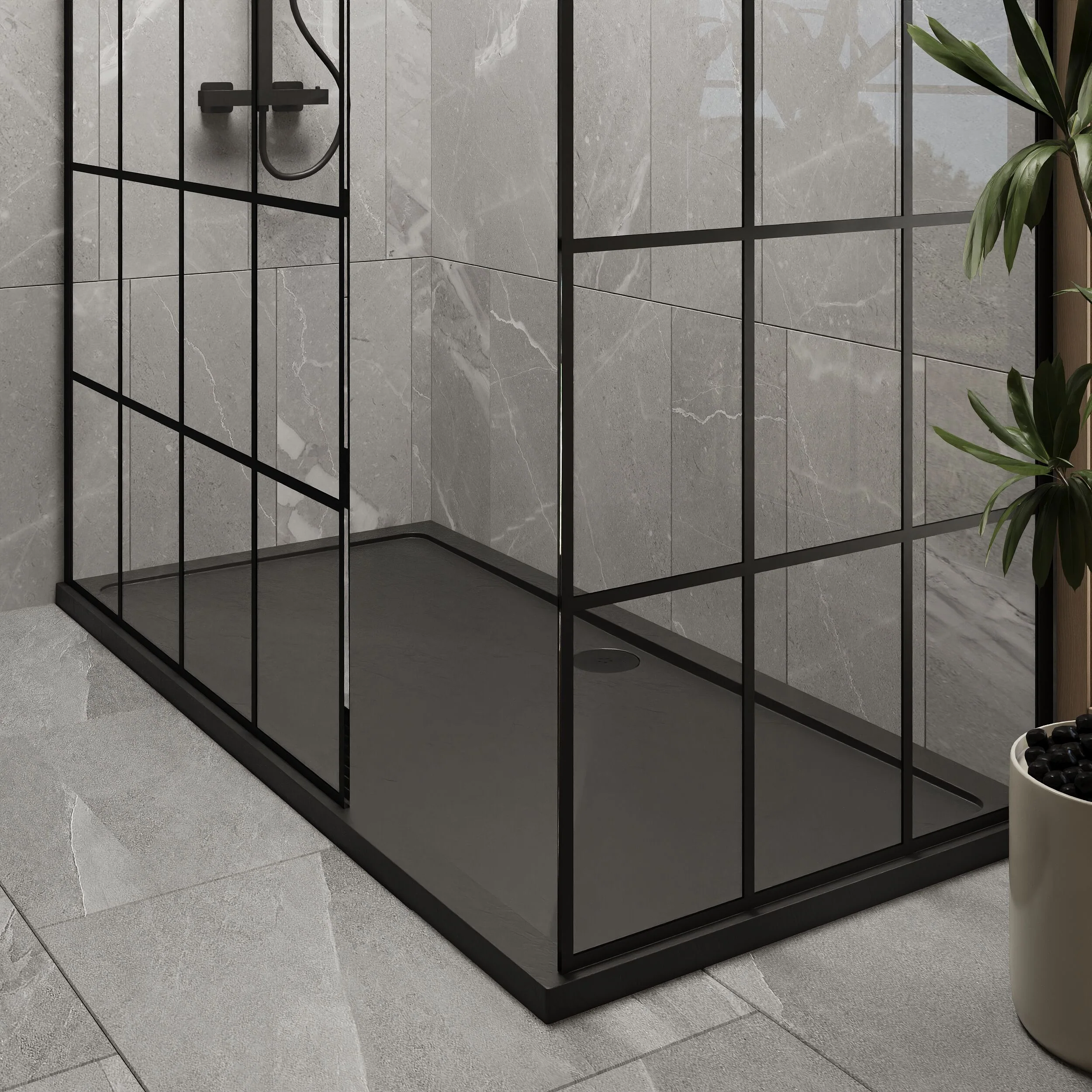 Contemporary 8mm Glass Walk In Wetroom Screens with Matt Black Framed Design and Shower Tray - Choice of Size - Image 41
