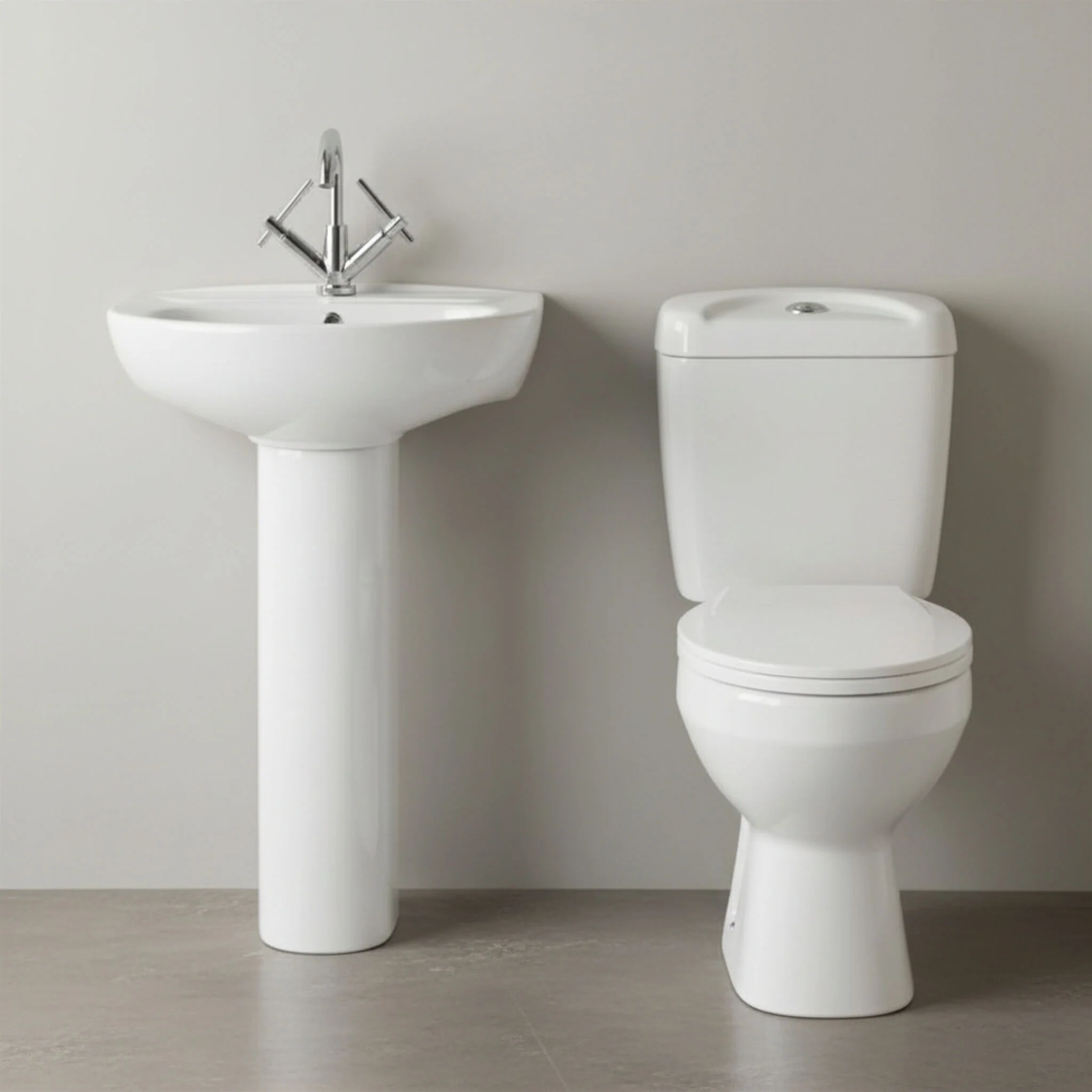 Anslow Round Ceramic Bathroom Bundle - Toilet Pan with Cistern, Soft-Close Seat & 550mm Basin with Full Pedestal (1TH or 2TH) - Image 3