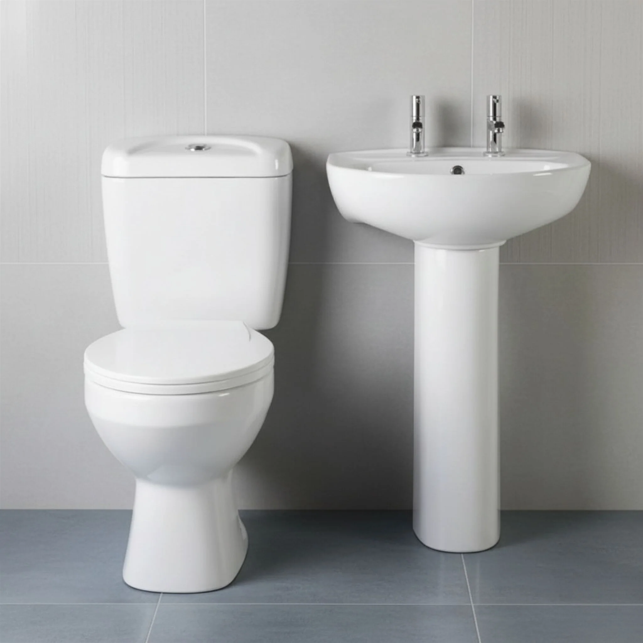Anslow Round Ceramic Bathroom Bundle - Toilet Pan with Cistern, Soft-Close Seat & 550mm Basin with Full Pedestal (1TH or 2TH) - Image 4