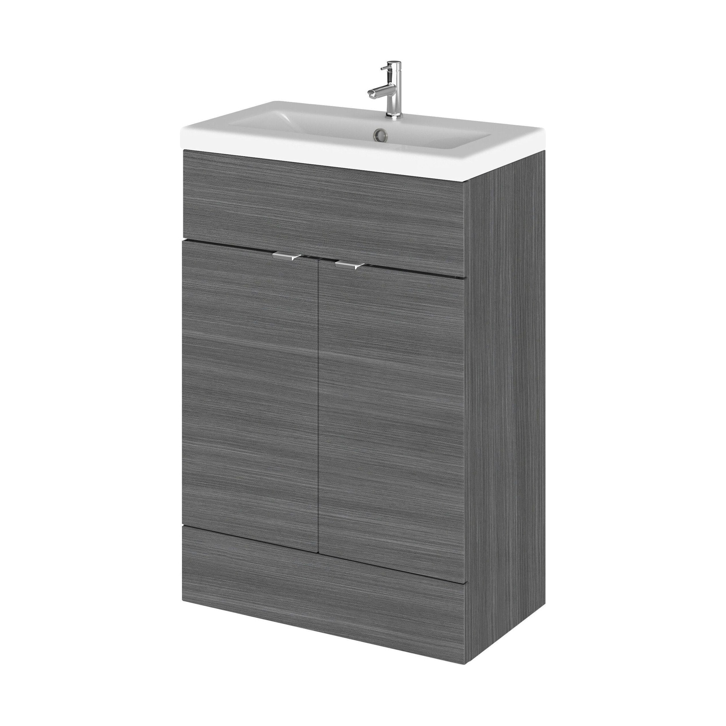 Alrewas Contemporary 2 Door Floor Standing Vanity Unit with Basin, Anthracite Woodgrain, 600mm
