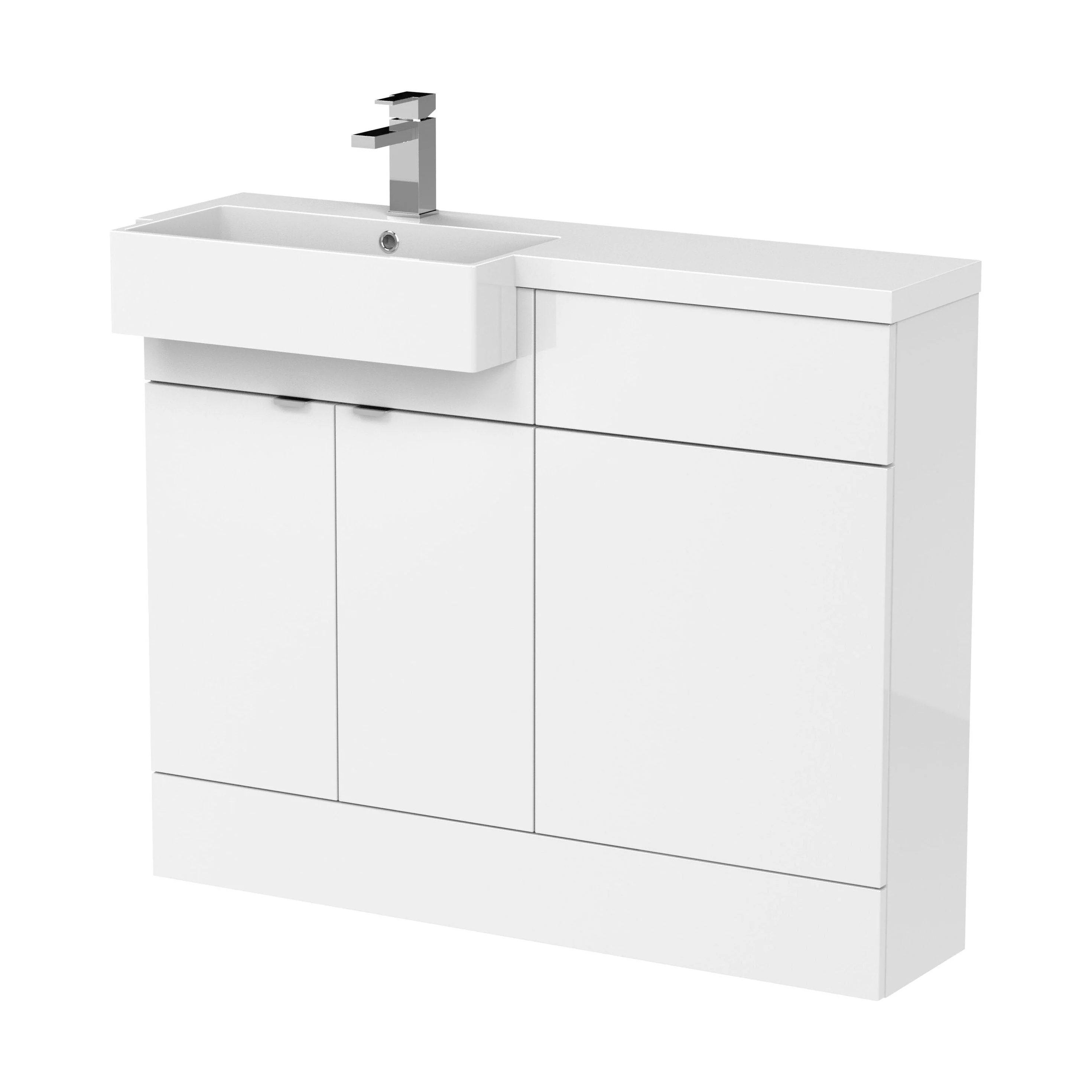 Alrewas Contemporary 2 Door Left-Hand Floor Standing Combination Unit with Polymarble Basin, Gloss White, 1100mm