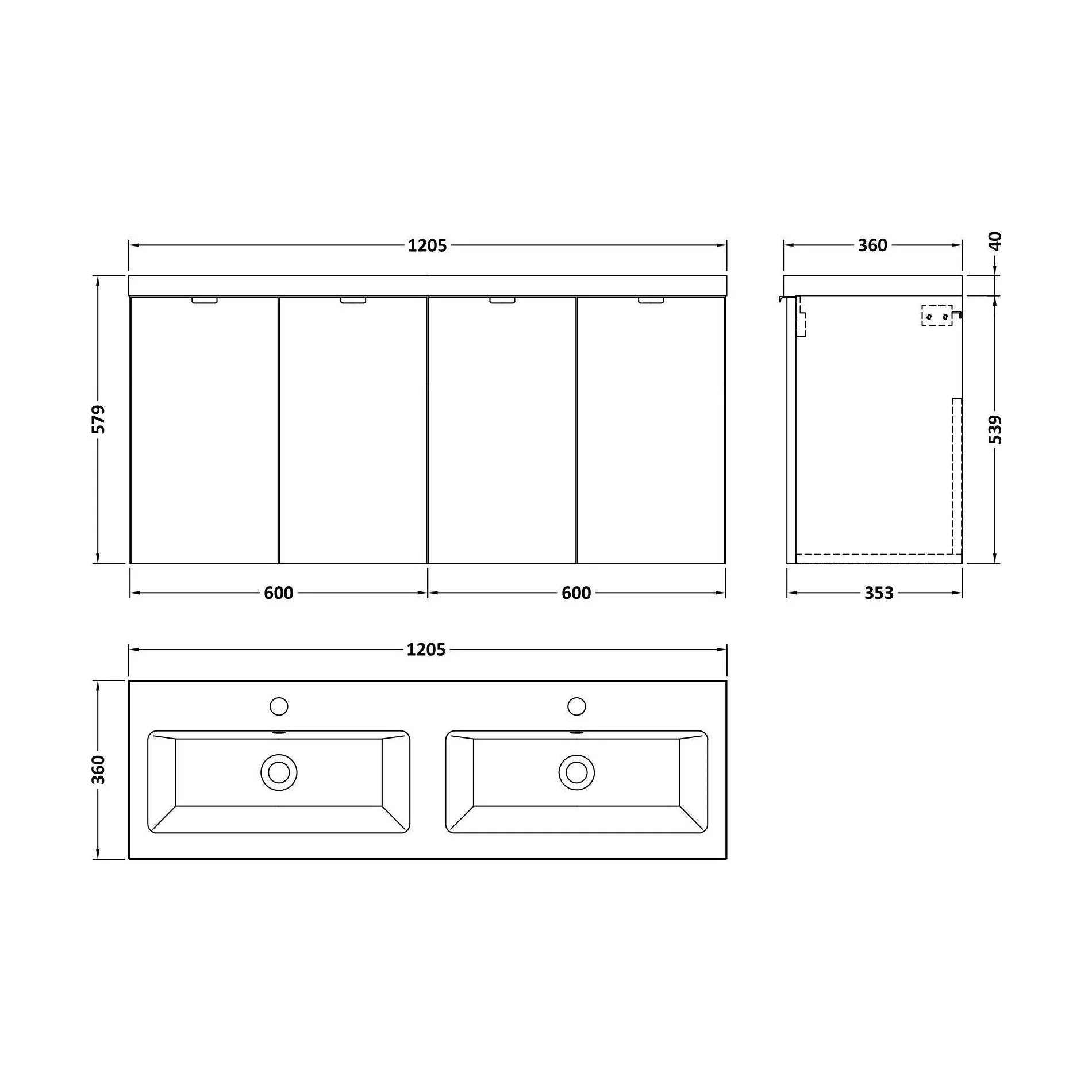 Alrewas Contemporary 2 Door Wall Hung Vanity Unit with Basin, Gloss Grey, 1200mm - Image 2